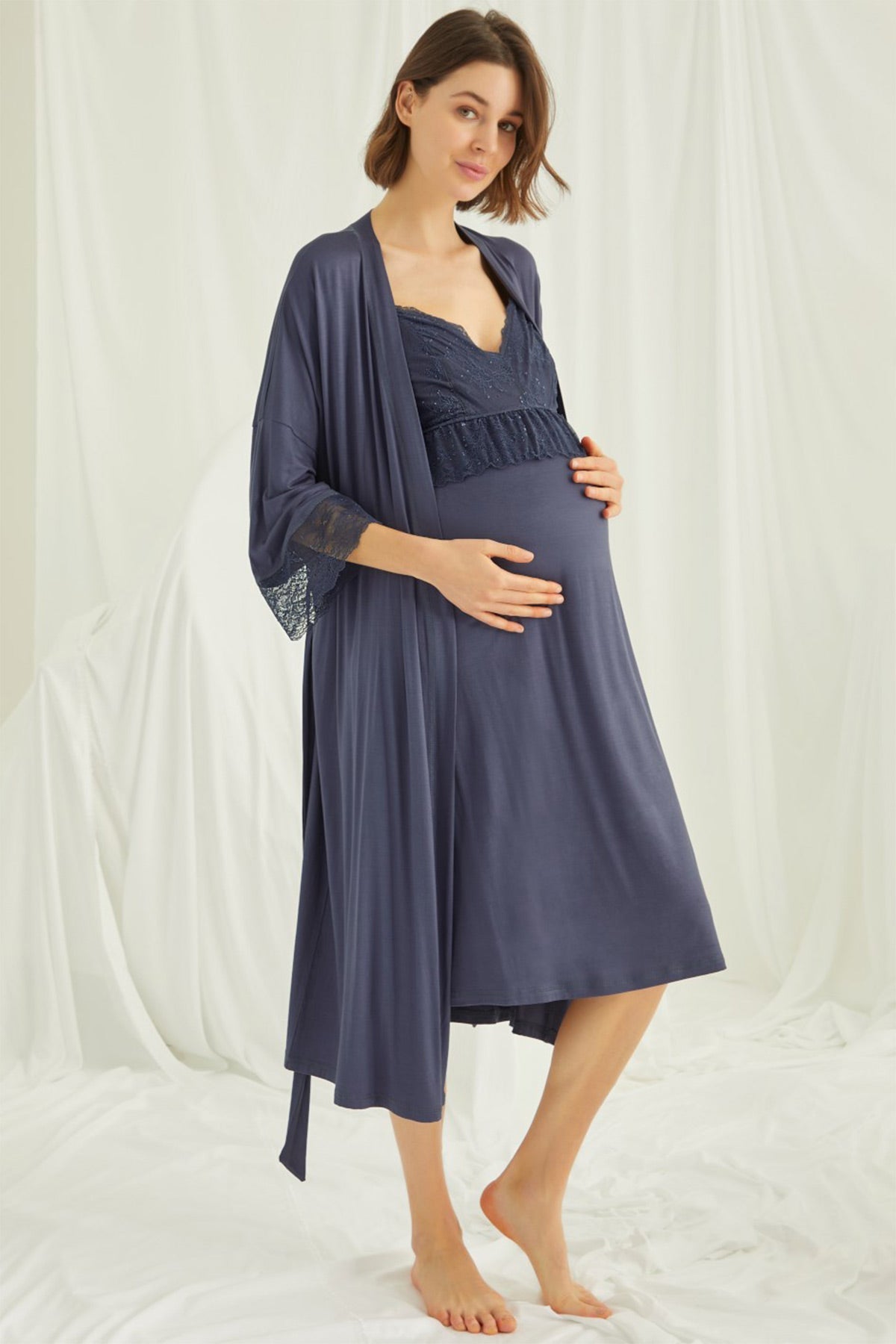 Shopymommy 18430 Lace Strappy Maternity & Nursing Nightgown With Robe