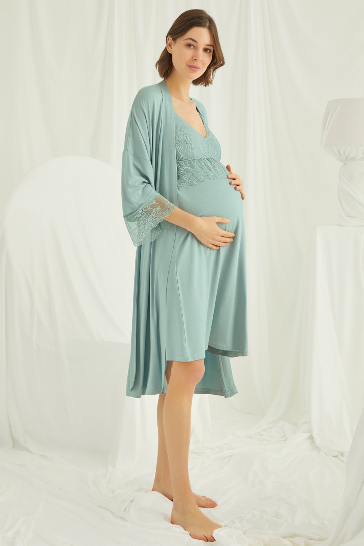 Shopymommy 18429 Lace Strappy Maternity & Nursing Nightgown With Robe Set  Ecru