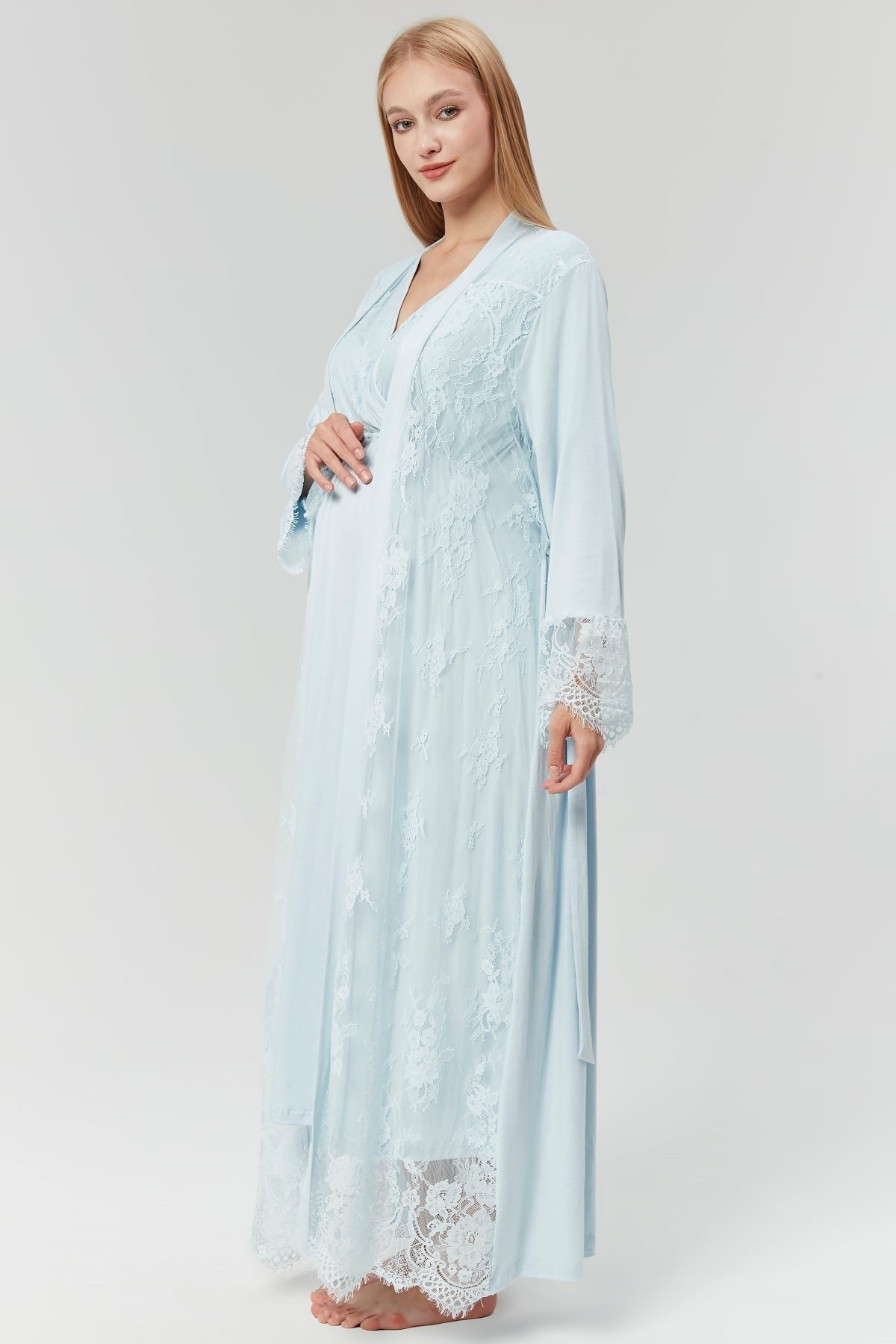 Lace Robe Set with Crossover Maternity Nightgown - 530