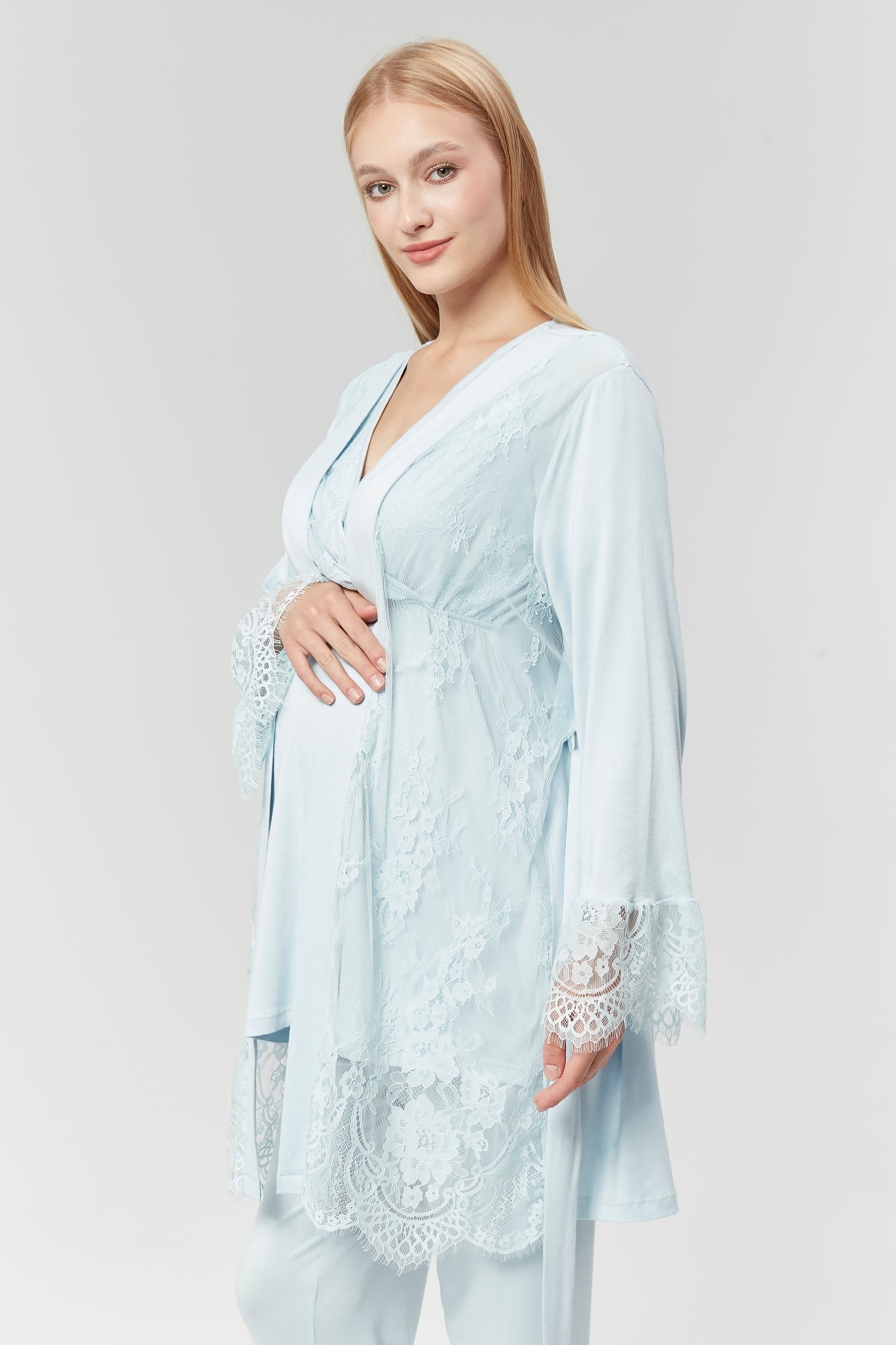 Shopymommy 531 Lace Robe Double-Breasted Maternity Pajama Set Blue