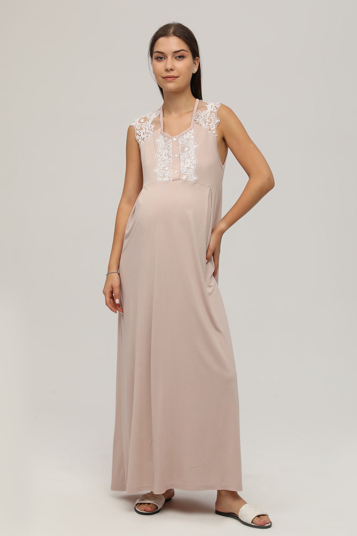 Shopymommy 107 Lace Shoulder Maternity & Nursing Nightgown Beige