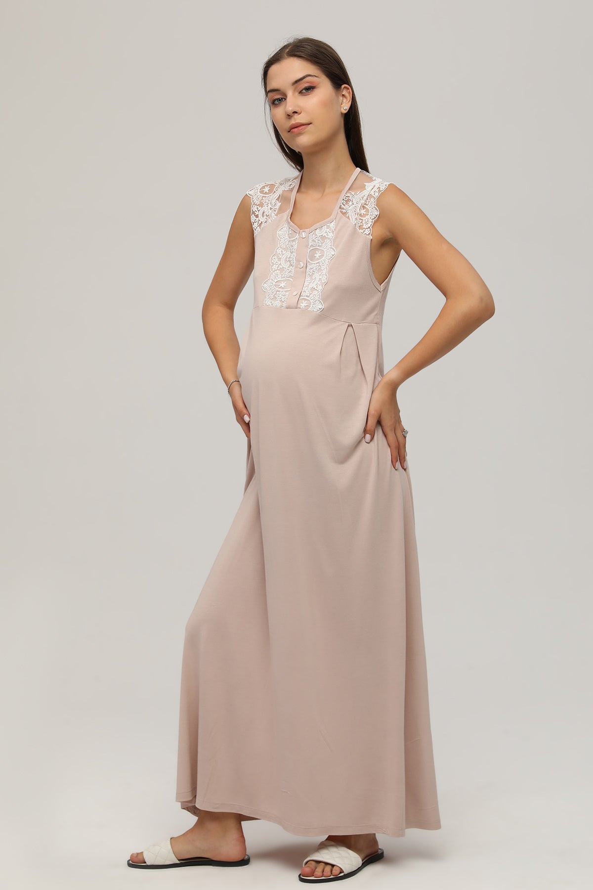 Shopymommy 107 Lace Shoulder Maternity & Nursing Nightgown Beige