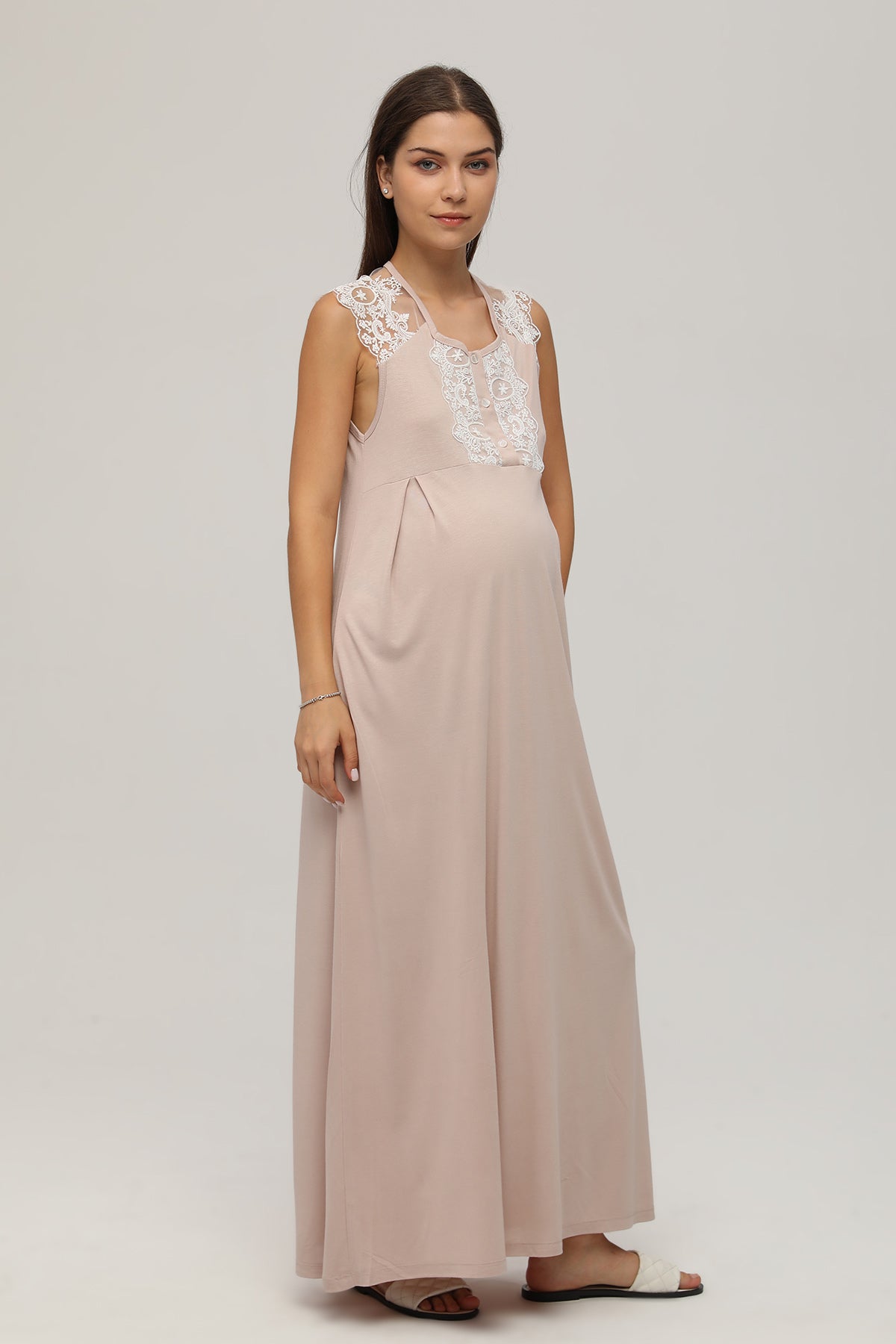 Shopymommy 107 Lace Shoulder Maternity & Nursing Nightgown Beige