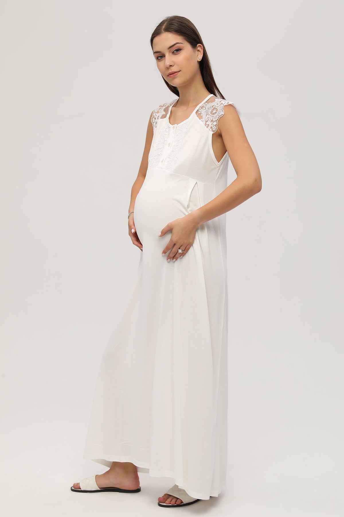 Shopymommy 107 Lace Shoulder Maternity & Nursing Nightgown Ecru