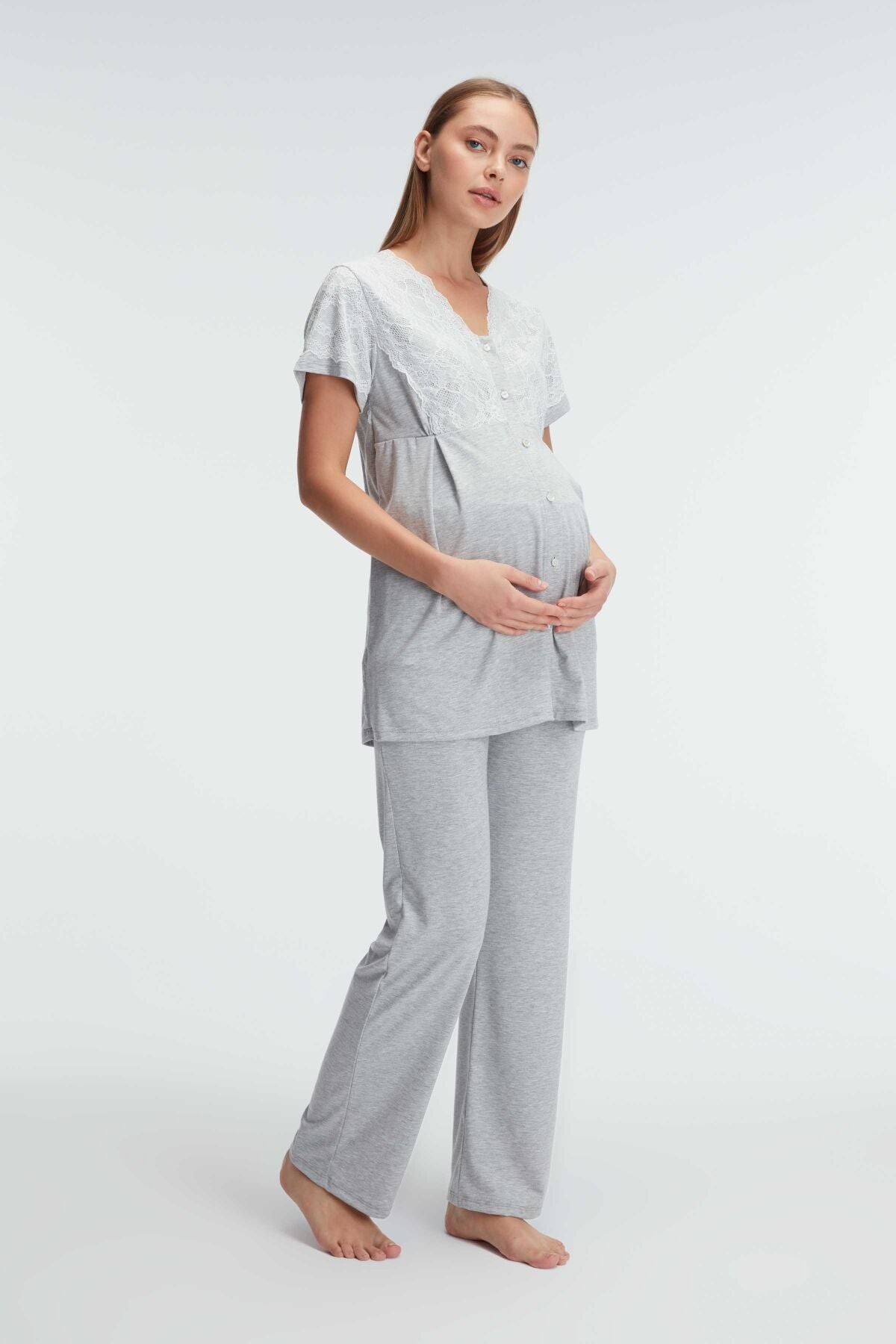 Shopymommy 11308 Lace Collar Maternity & Nursing Pajamas Grey