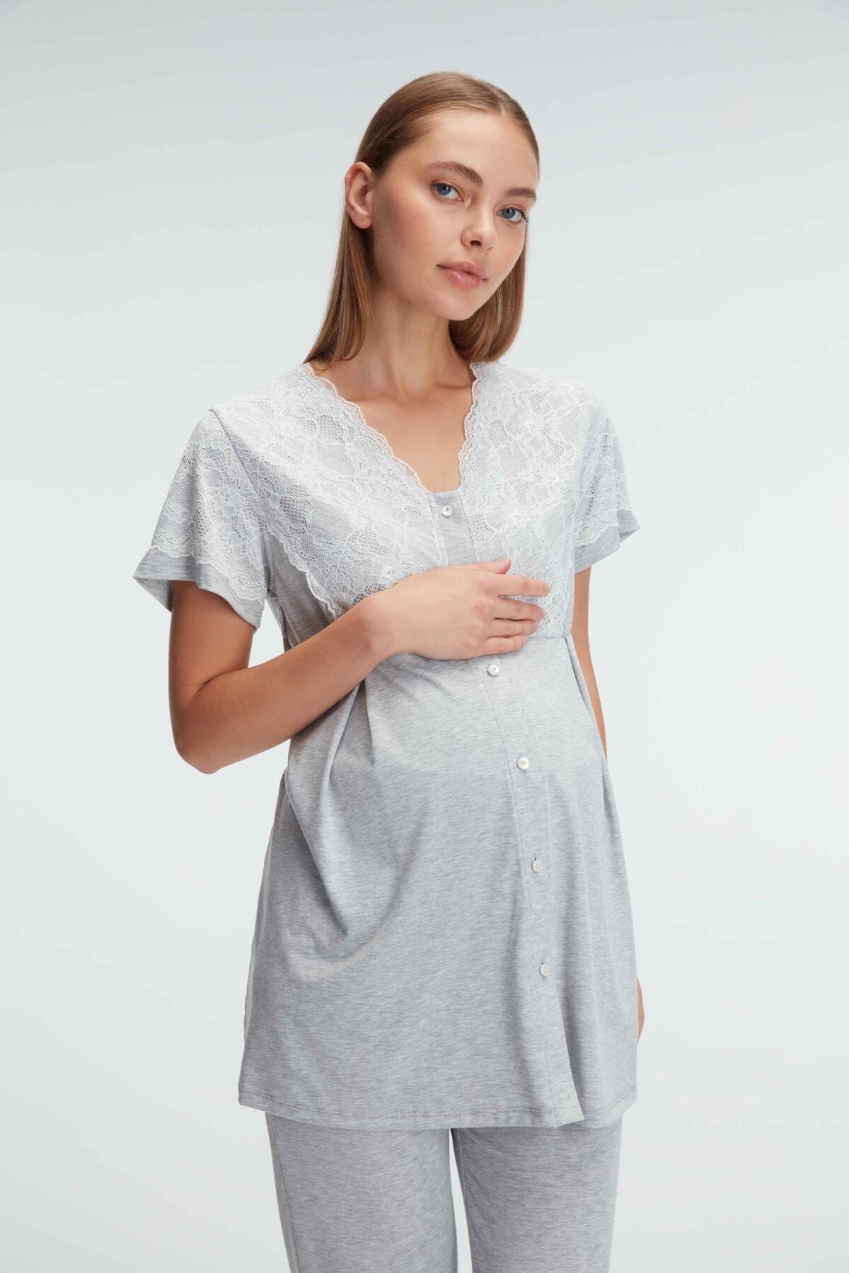 Shopymommy 11308 Lace Collar Maternity & Nursing Pajamas Grey