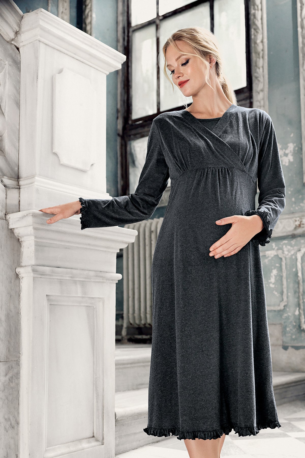 Shopymommy 13112 Double Breasted Maternity & Nursing Nightgown Anthracite