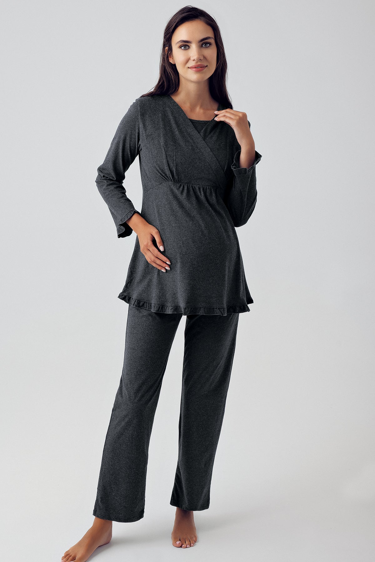 Shopymommy 15301 Double Breasted 3-Pieces Maternity & Nursing Pajamas With Knitwear Robe Anthracite