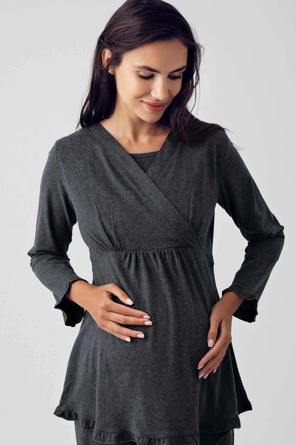 Shopymommy 15301 Double Breasted 3-Pieces Maternity & Nursing Pajamas With Knitwear Robe Anthracite