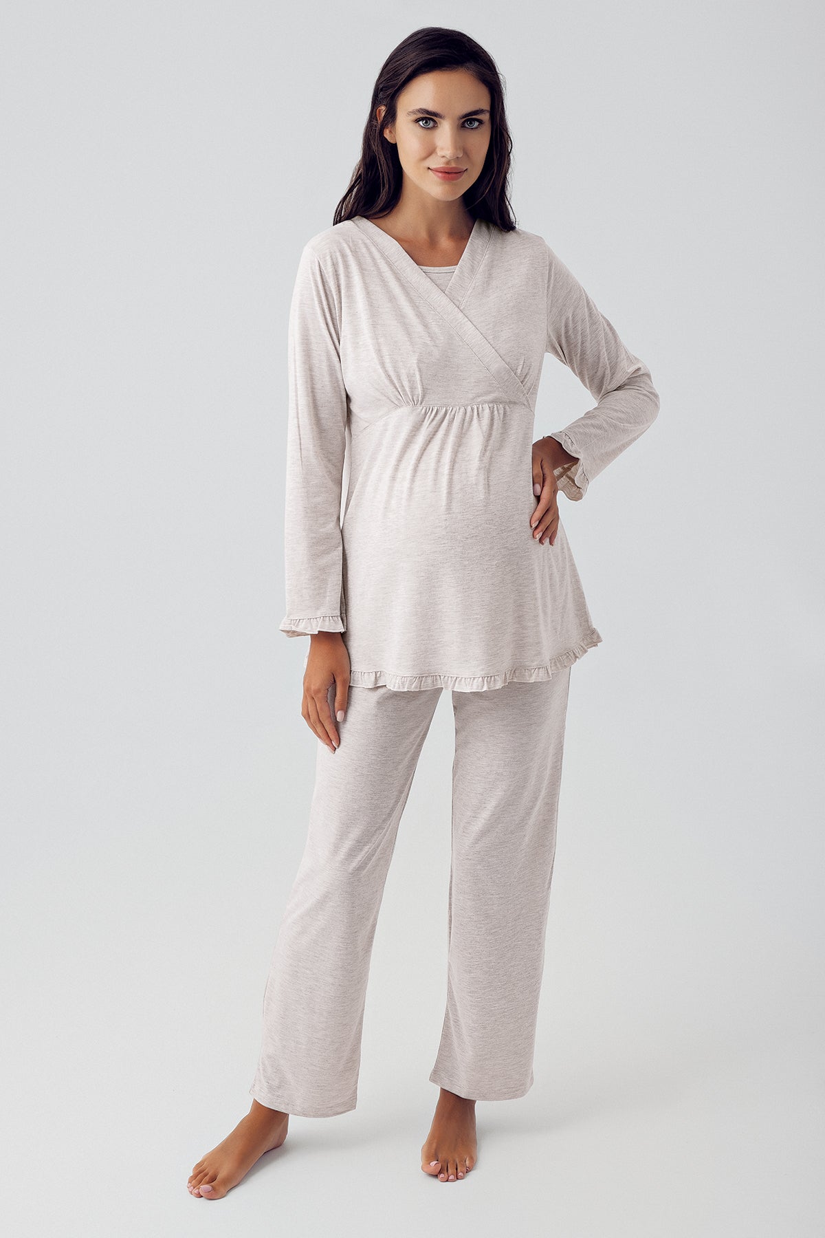 Shopymommy 15301 Double Breasted 3-Pieces Maternity & Nursing Pajamas With Knitwear Robe Beige