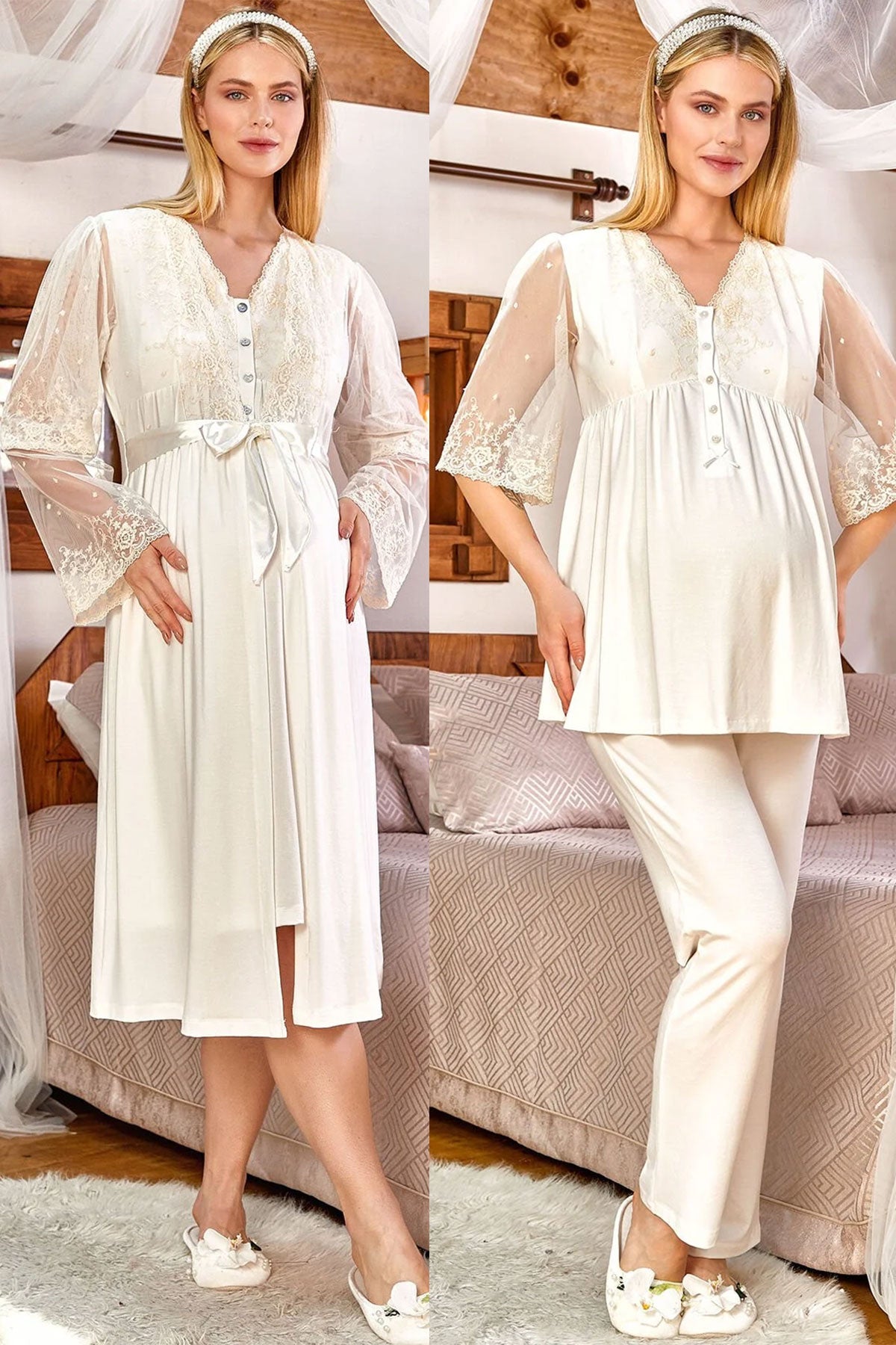 Shopymommy 5774 Lace Embroidered Maternity & Nursing Nightgown With  Patterned Robe Blue