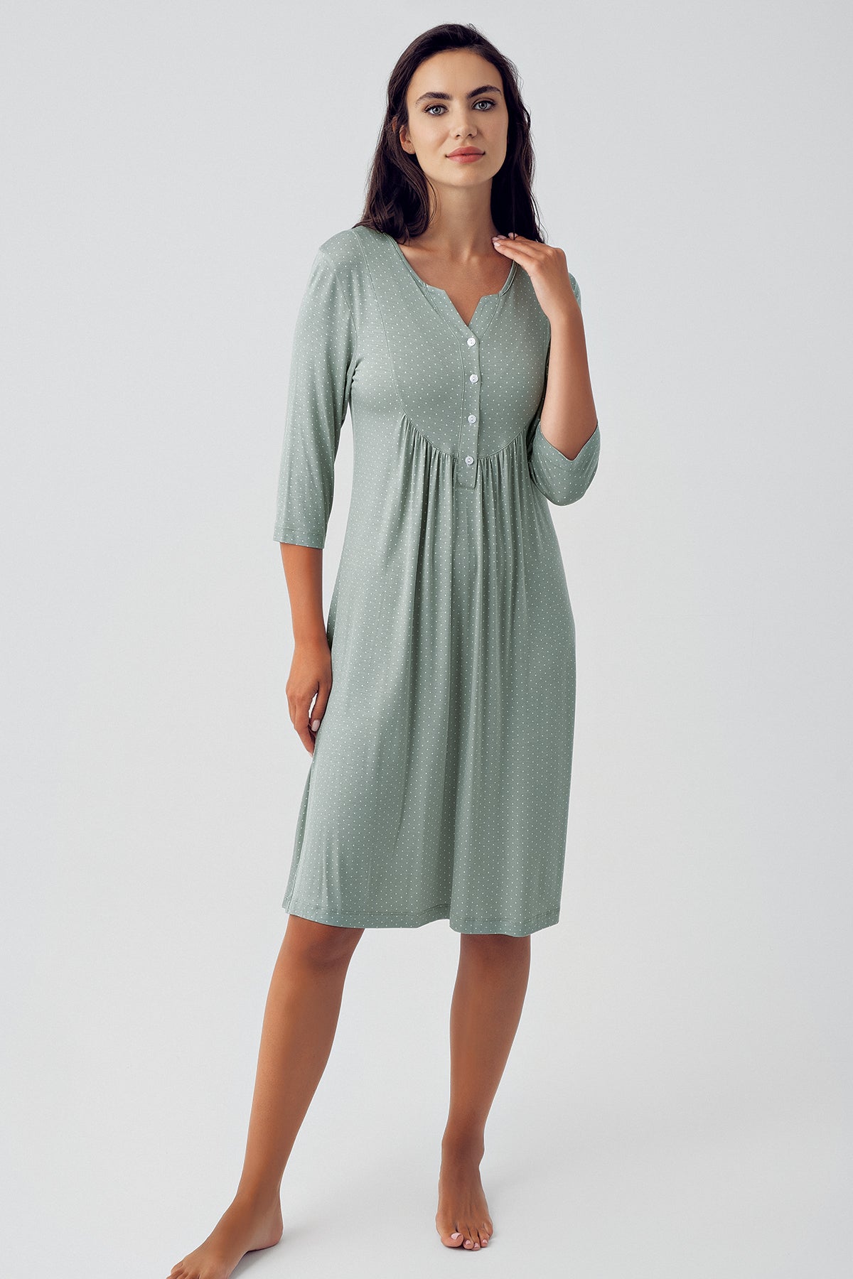 Shopymommy 15404 Polka Dot Maternity & Nursing Nightgown With Flower Patterned Robe Green