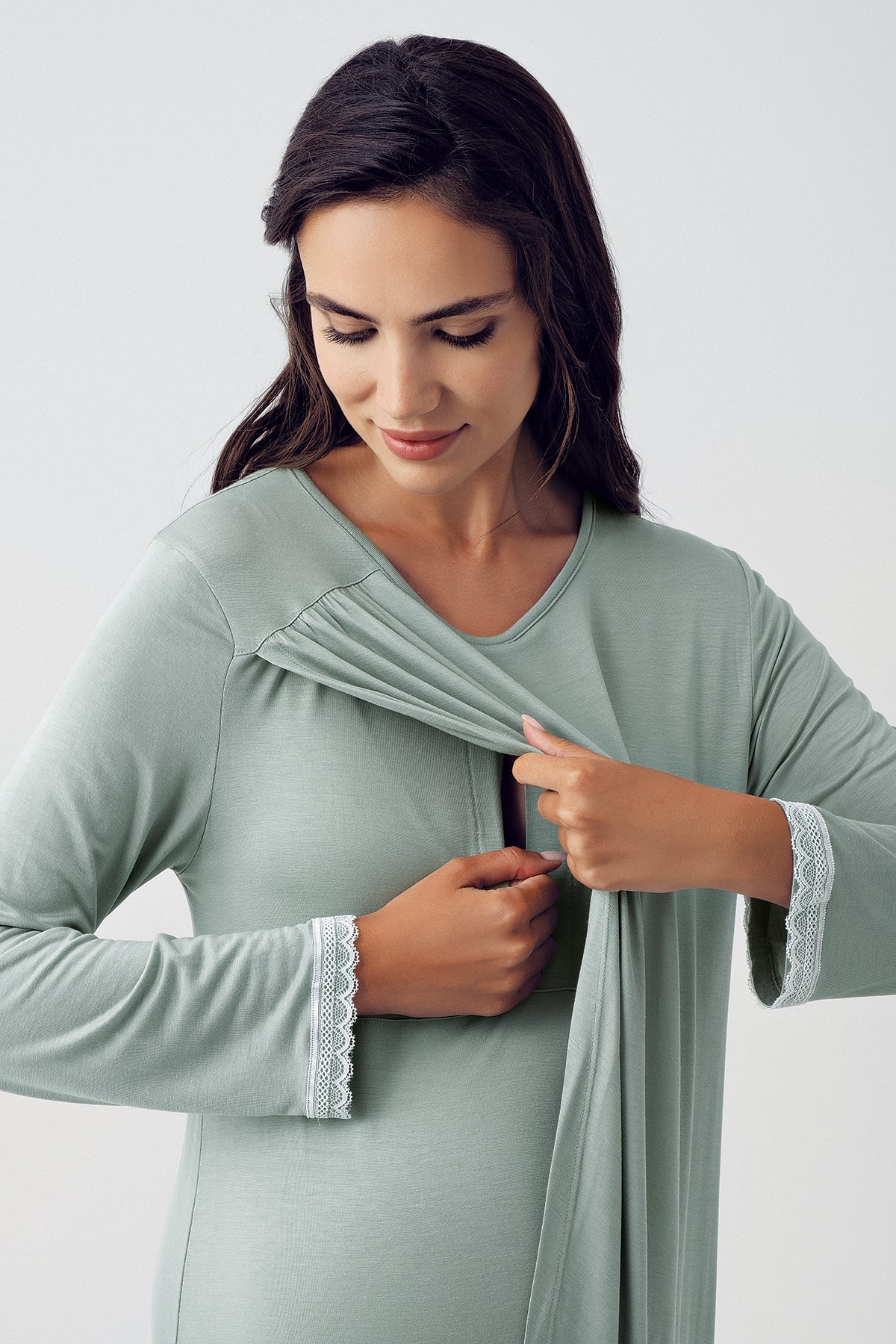 Shopymommy 15109 Wide Double Breasted Maternity & Nursing Nightgown Green