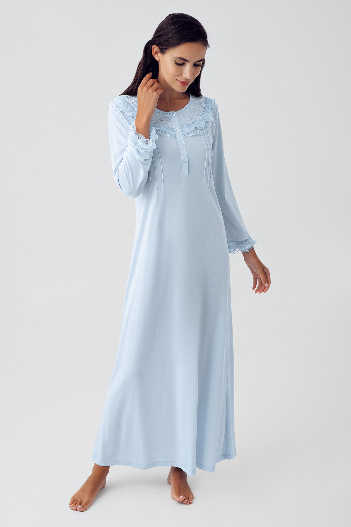 Shopymommy 15410 Lace Detailed Maternity & Nursing Nightgown With Robe Blue