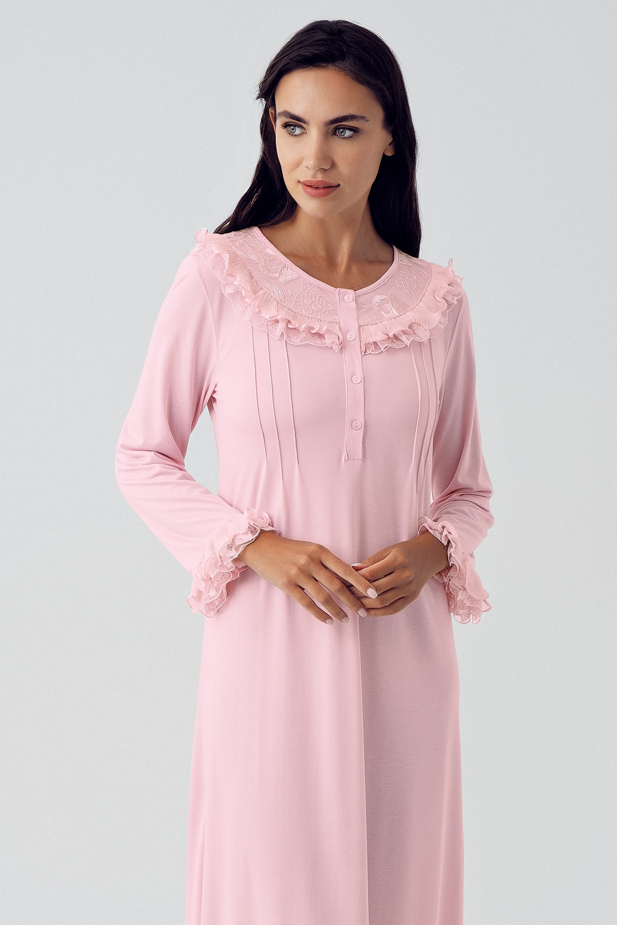 Shopymommy 15410 Lace Detailed Maternity & Nursing Nightgown With Robe Powder