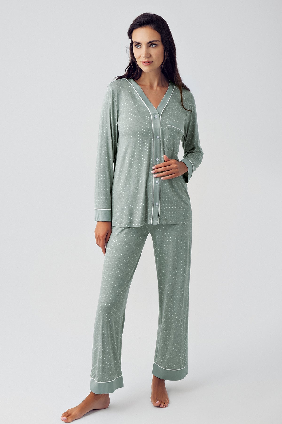 Shopymommy 15201 Polka Dot Maternity & Nursing Pajamas Green