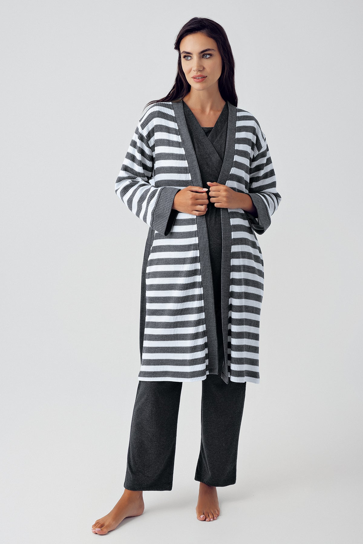Shopymommy 15301 Double Breasted 3-Pieces Maternity & Nursing Pajamas With Knitwear Robe Anthracite