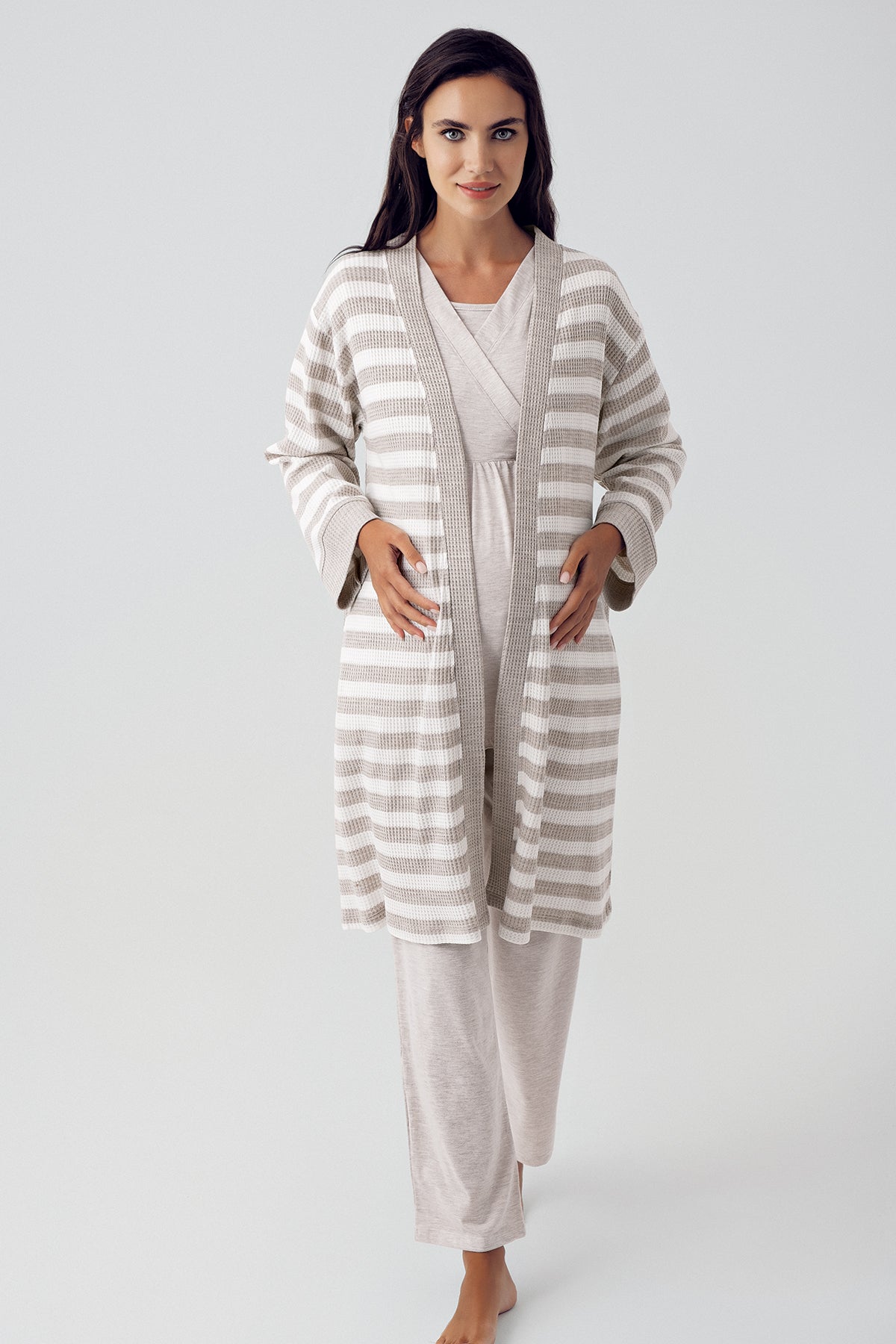 Shopymommy 15301 Double Breasted 3-Pieces Maternity & Nursing Pajamas With Knitwear Robe Beige