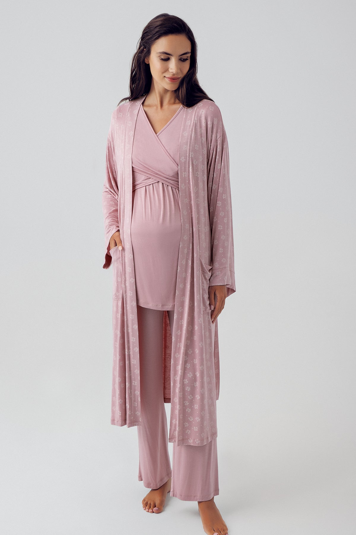 Shopymommy 15305 Cross Double Breasted 3-Pieces Maternity & Nursing Pajamas With Patterned Robe Powder