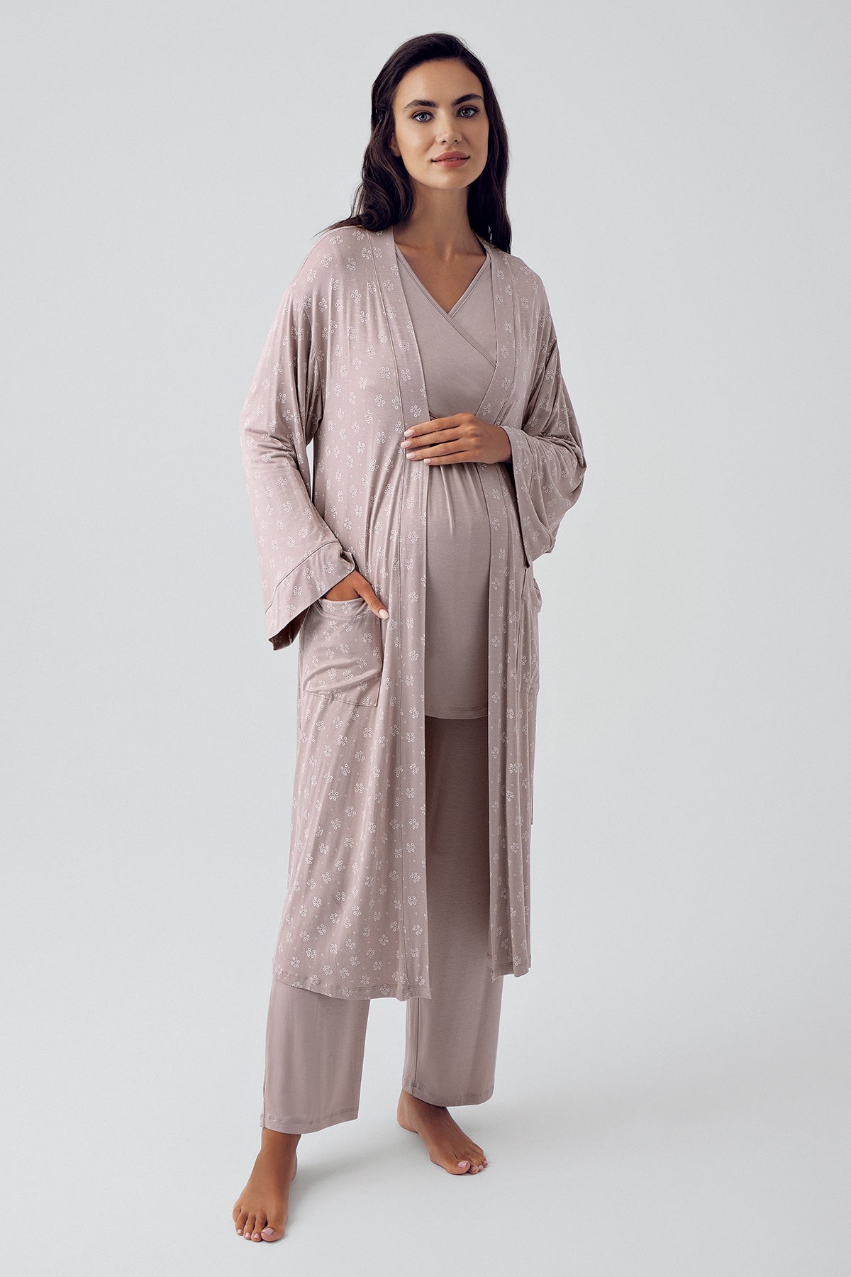 Shopymommy 405205 Patterned Cross Double Breasted 4 Pieces Maternity & Nursing Set Coffee