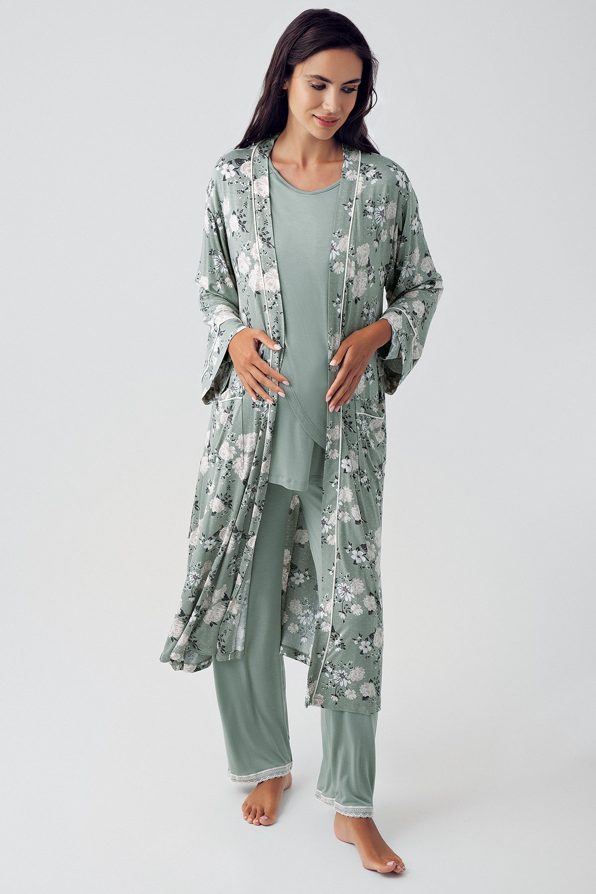 Shopymommy 15309 Wide Double Breasted 3-Pieces Maternity & Nursing Pajamas With Flowery Robe Green