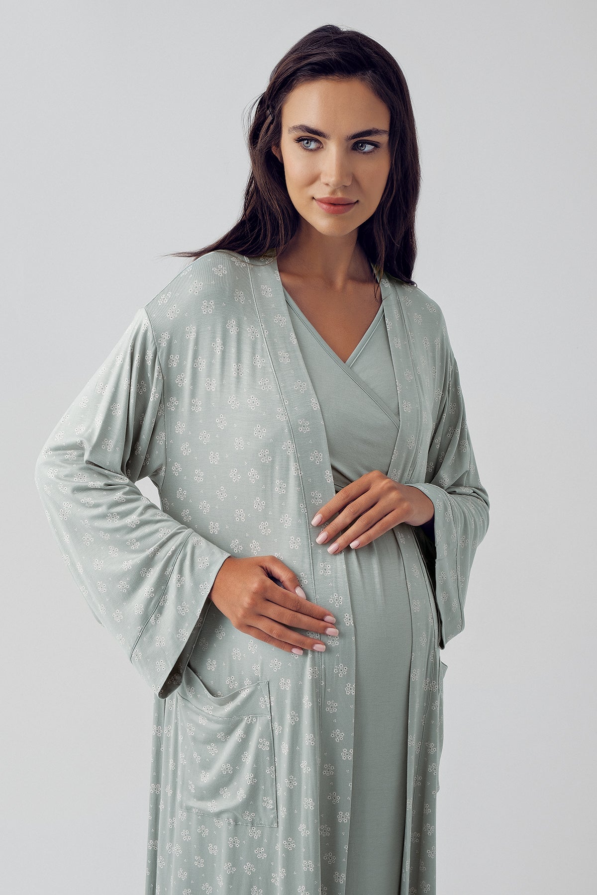 Shopymommy 15405 Cross Double Breasted Maternity & Nursing Nightgown With Patterned Robe Green