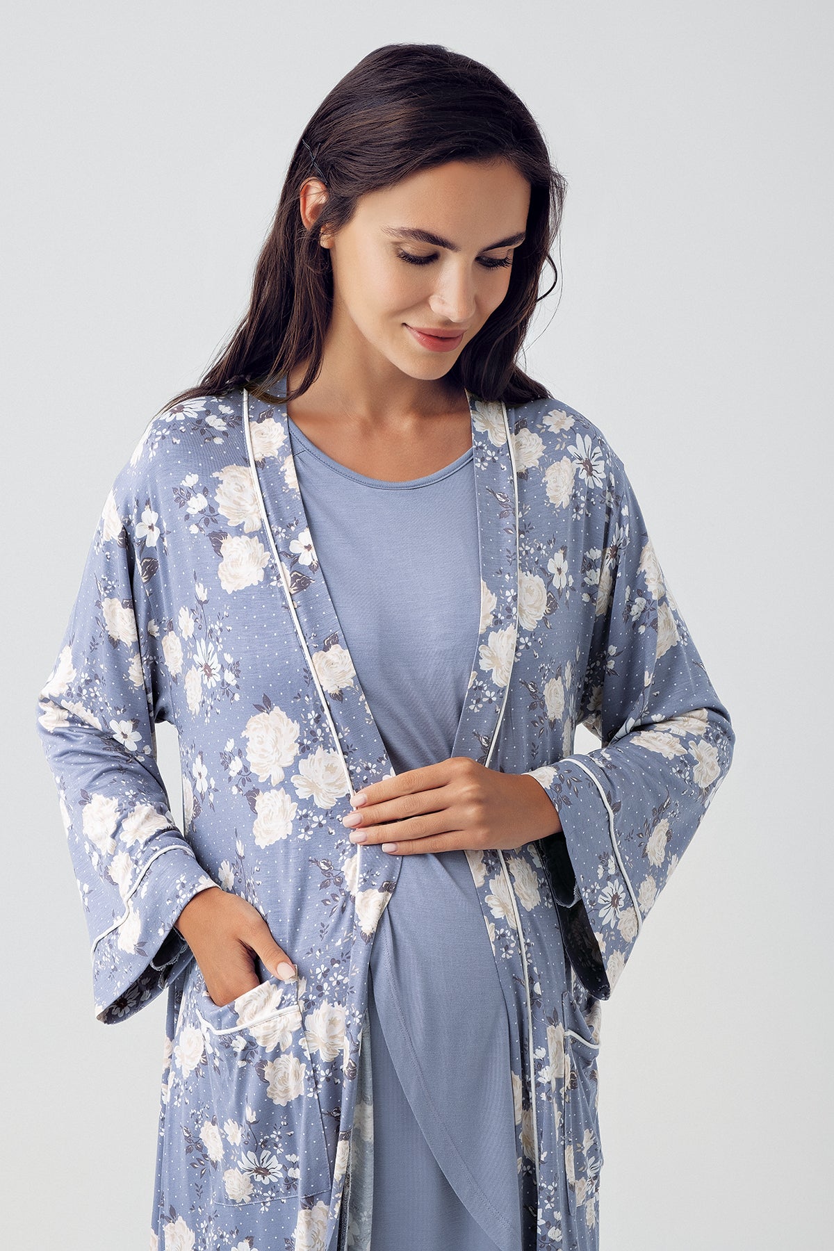 Shopymommy 15409 Wide Double Breasted Maternity & Nursing Nightgown With Flowery Robe Indigo