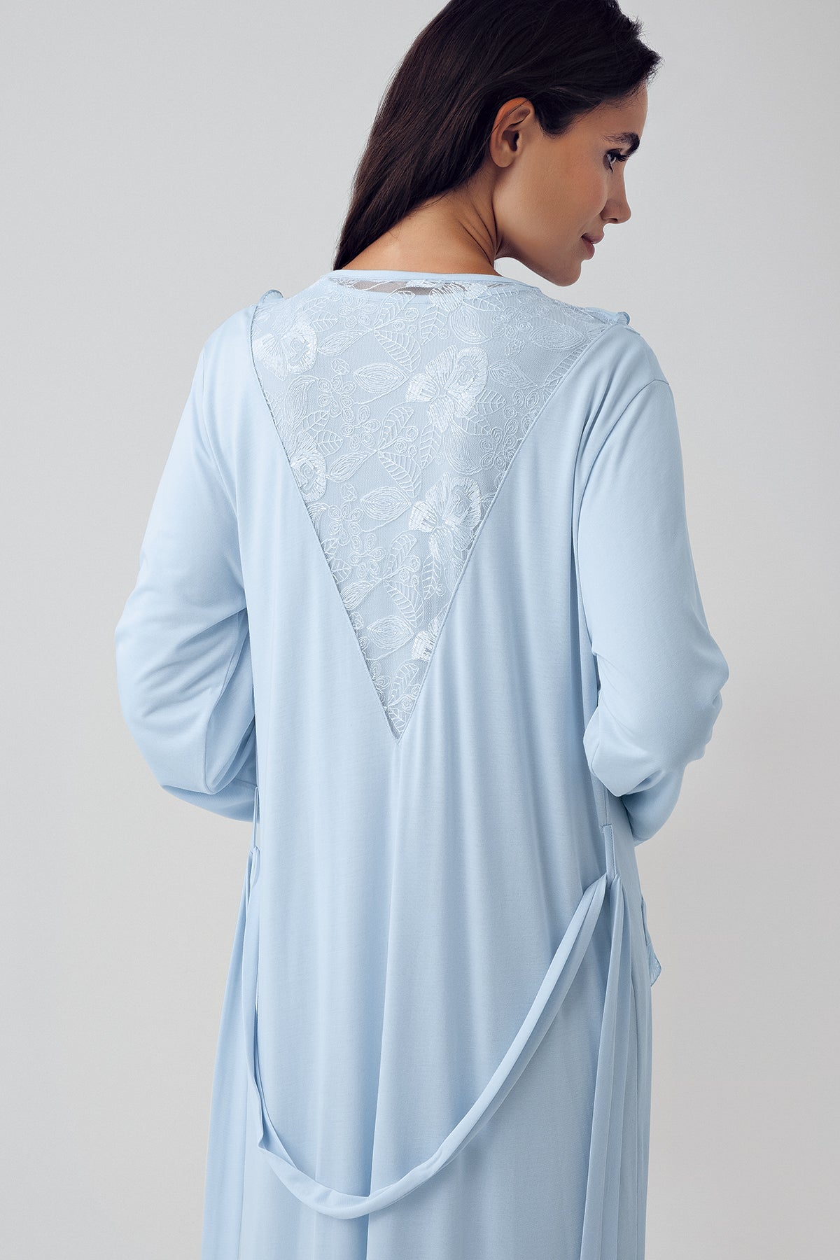 Shopymommy 15410 Lace Detailed Maternity & Nursing Nightgown With Robe Blue