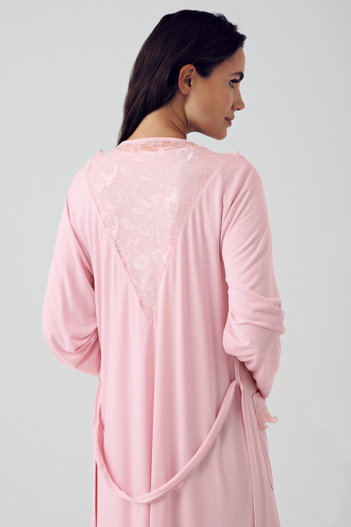 Shopymommy 15410 Lace Detailed Maternity & Nursing Nightgown With Robe Powder