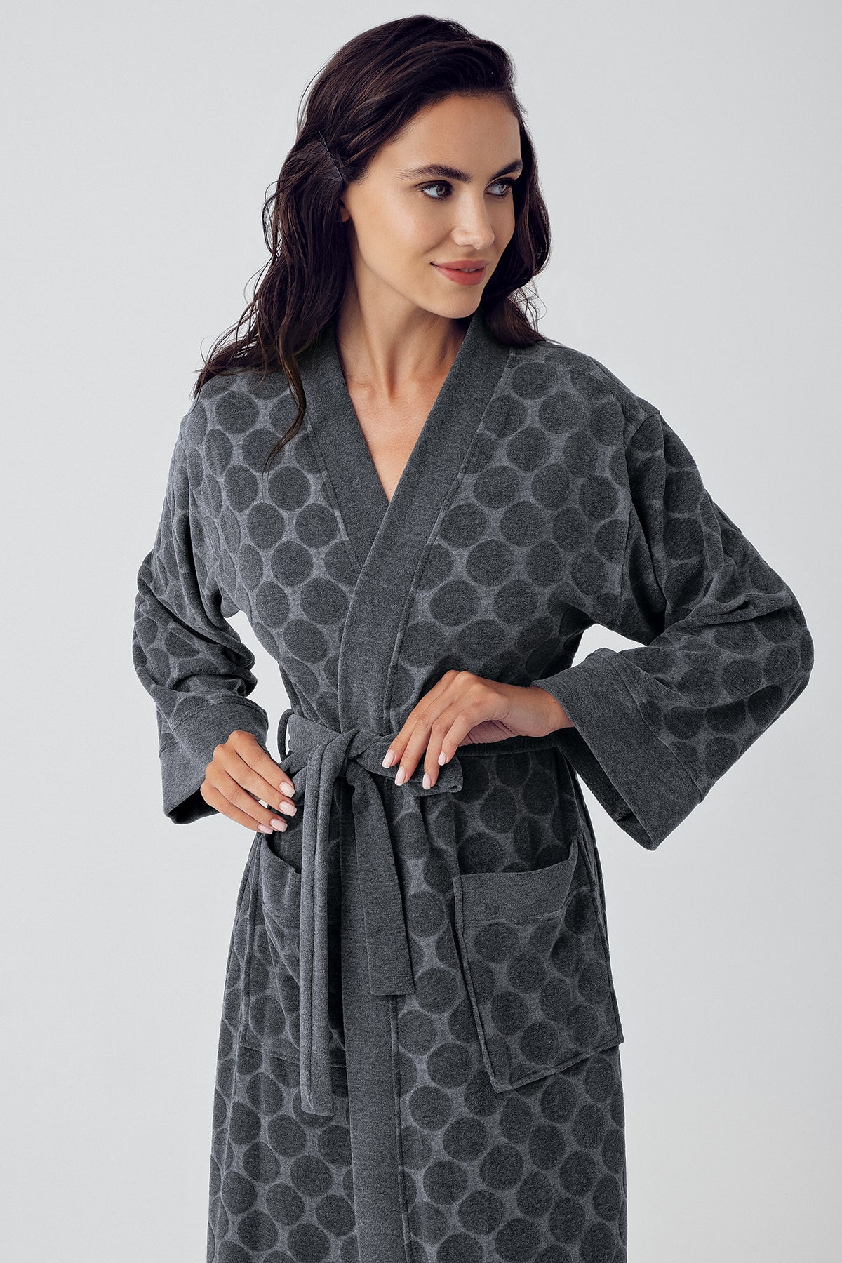 Shopymommy 500101 Terry Jacquard Maternity & Nursing Nightgown With Robe Anthracite