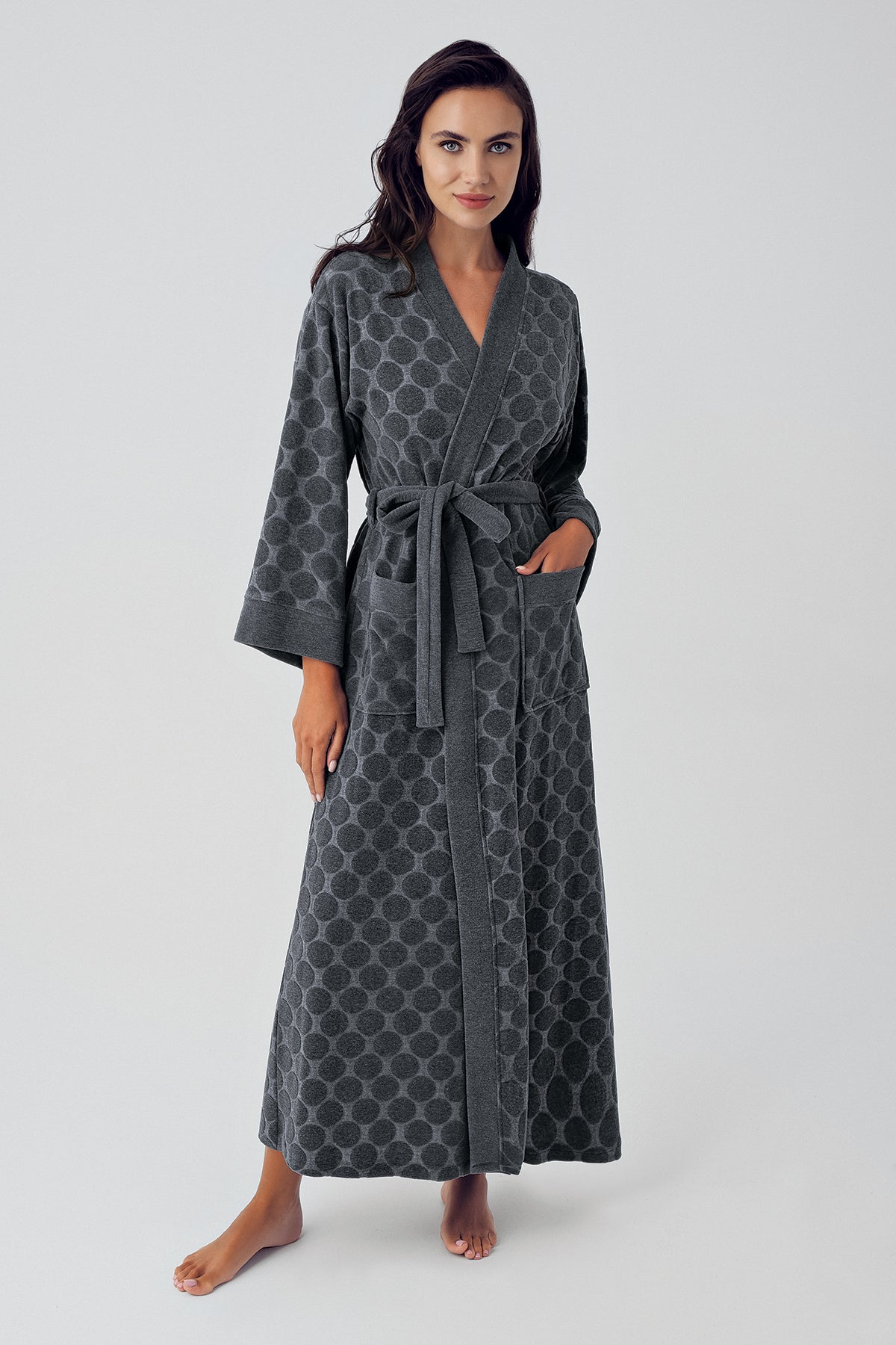 Shopymommy 500101 Terry Jacquard Maternity & Nursing Nightgown With Robe Anthracite