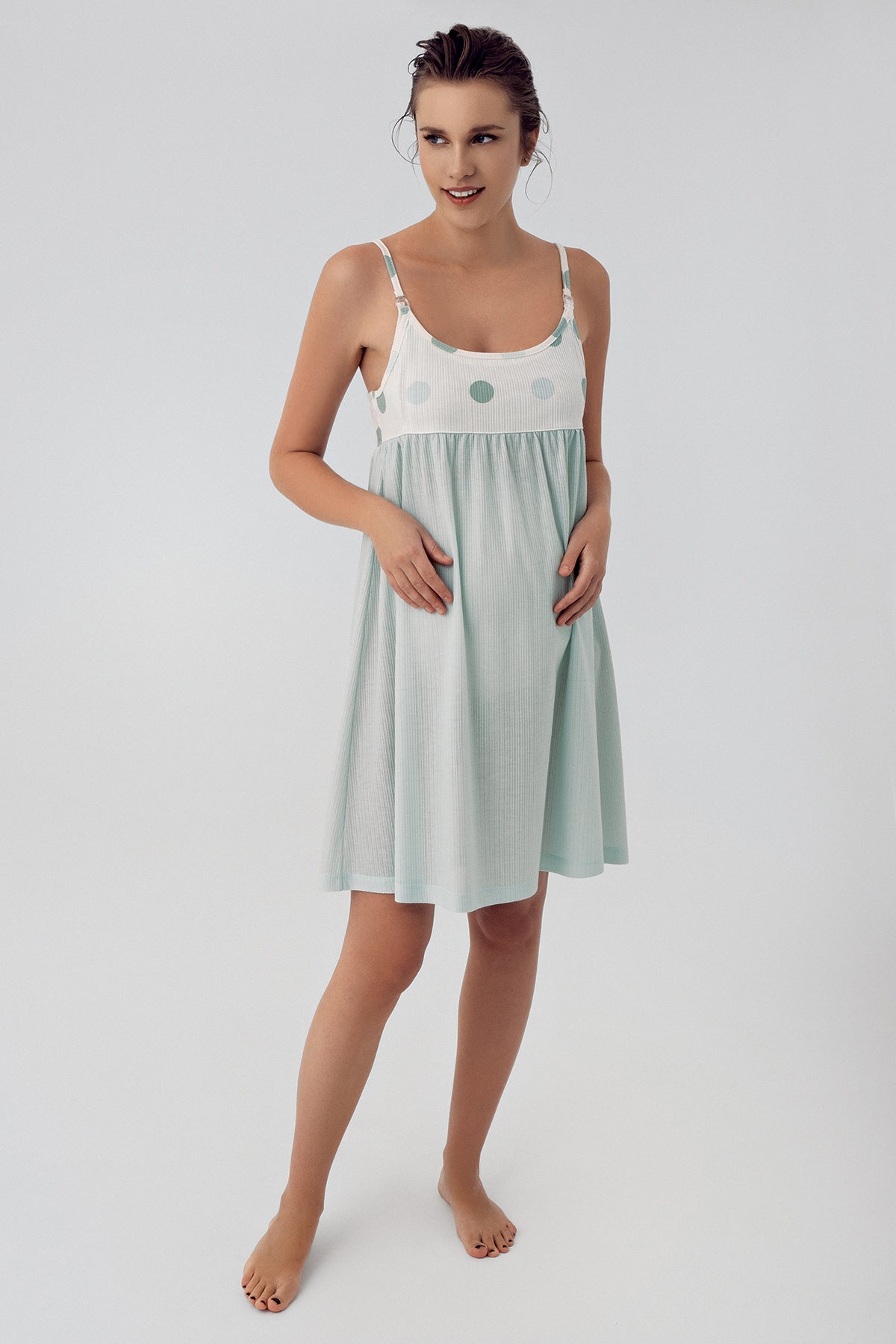 Shopymommy 16401 Polka Dot Maternity & Nursing Nightgown With Robe Green