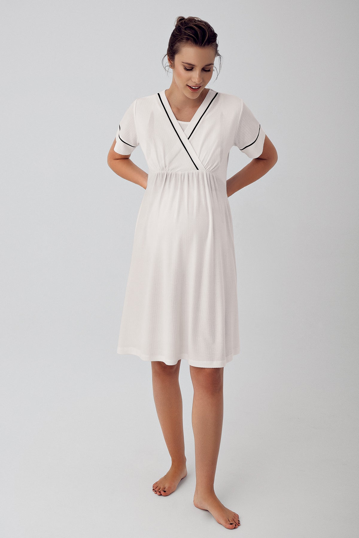 Shopymommy 16102 Double Breasted Maternity & Nursing Nightgown Ecru