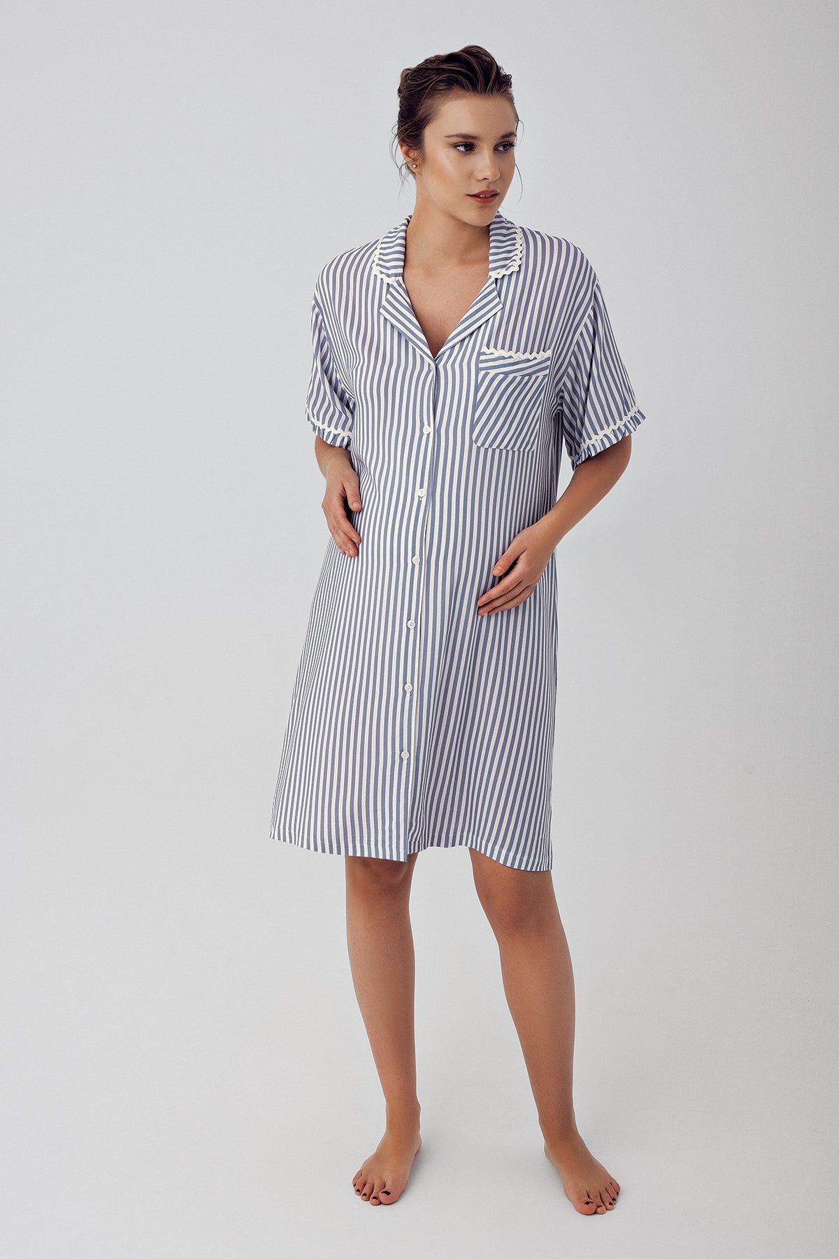 Shopymommy 16103 Striped Maternity & Nursing Nightgown Indigo