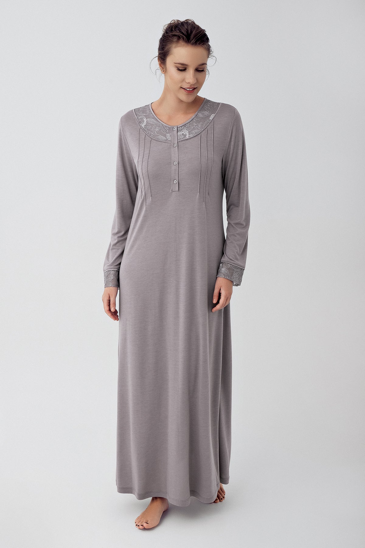 Shopymommy 16104 Lace Sleeve Long Maternity & Nursing Nightgown Grey