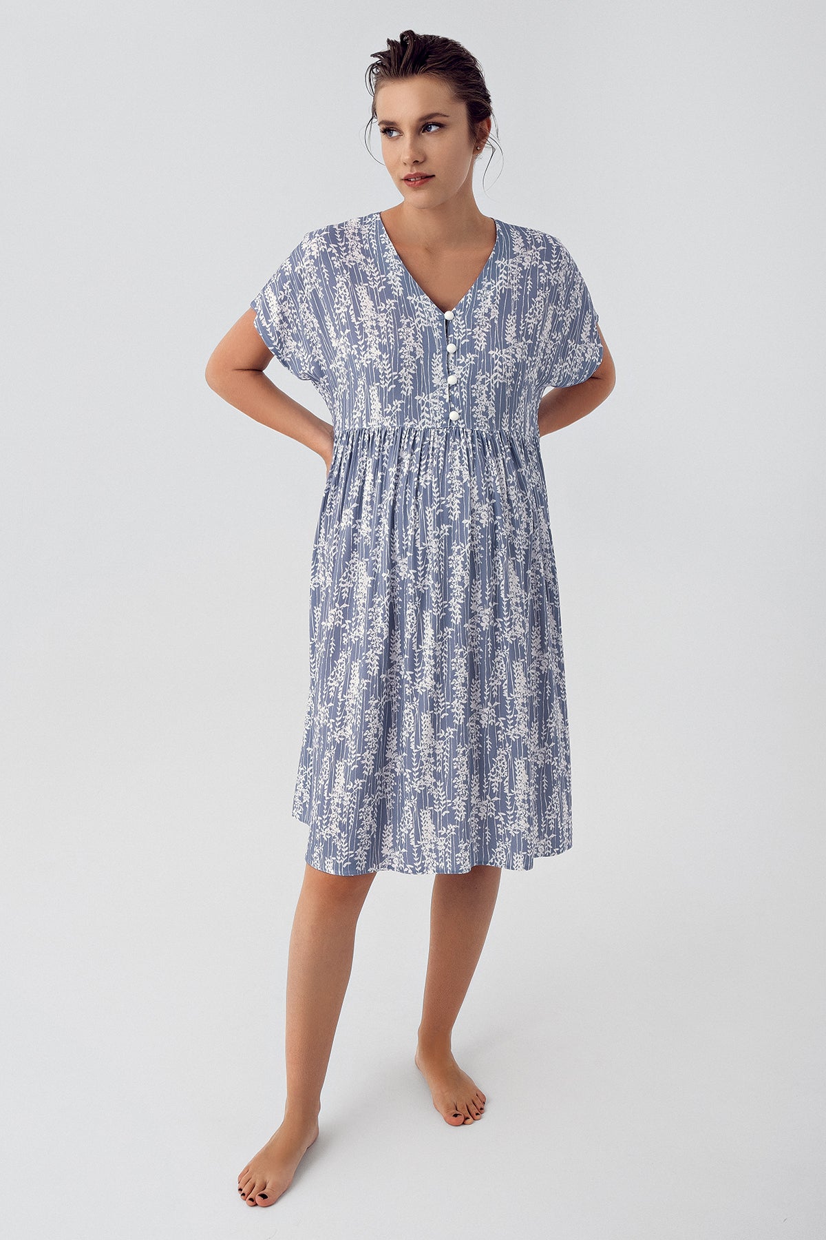 Shopymommy 16105 Patterned Maternity & Nursing Nightgown Indigo