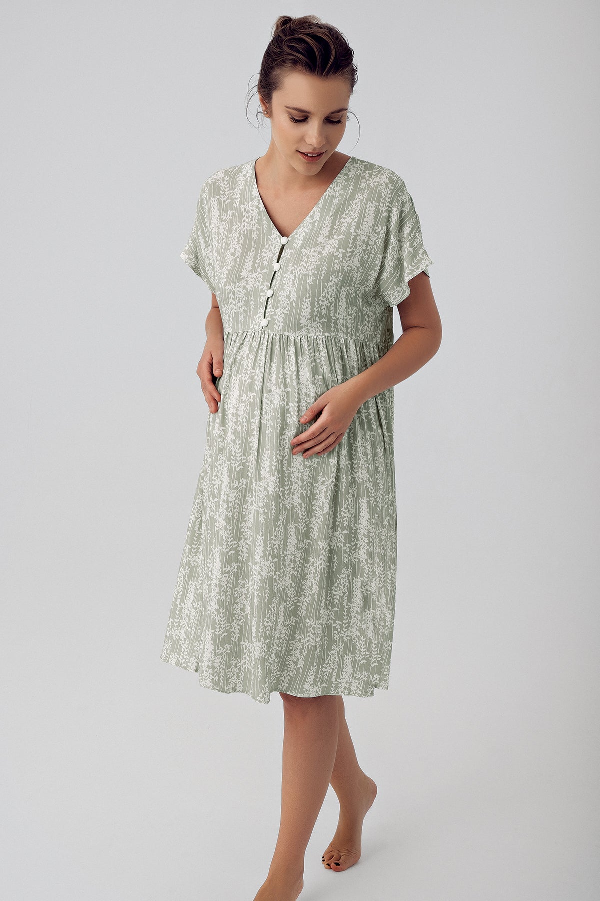 Shopymommy 16105 Patterned Maternity & Nursing Nightgown Green