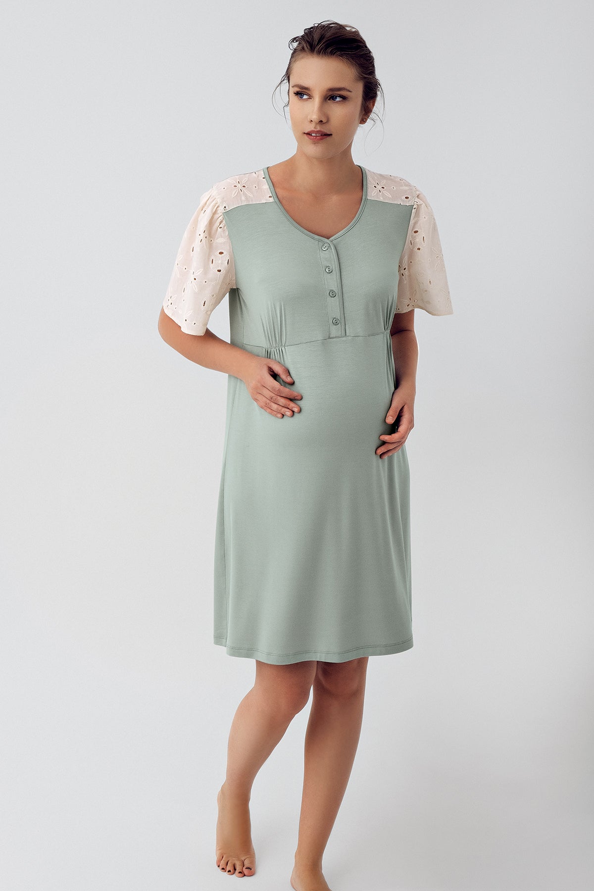 Shopymommy 16106 Lace Sleeve Maternity & Nursing Nightgown Green