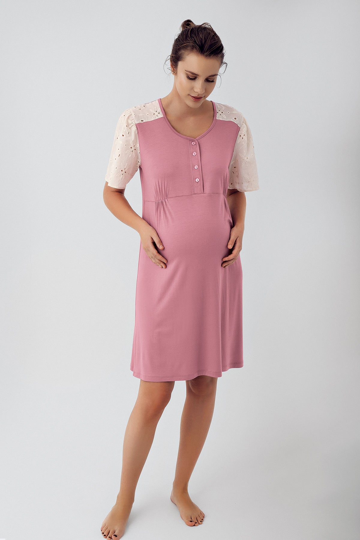 Shopymommy 16106 Lace Sleeve Maternity & Nursing Nightgown Dried Rose