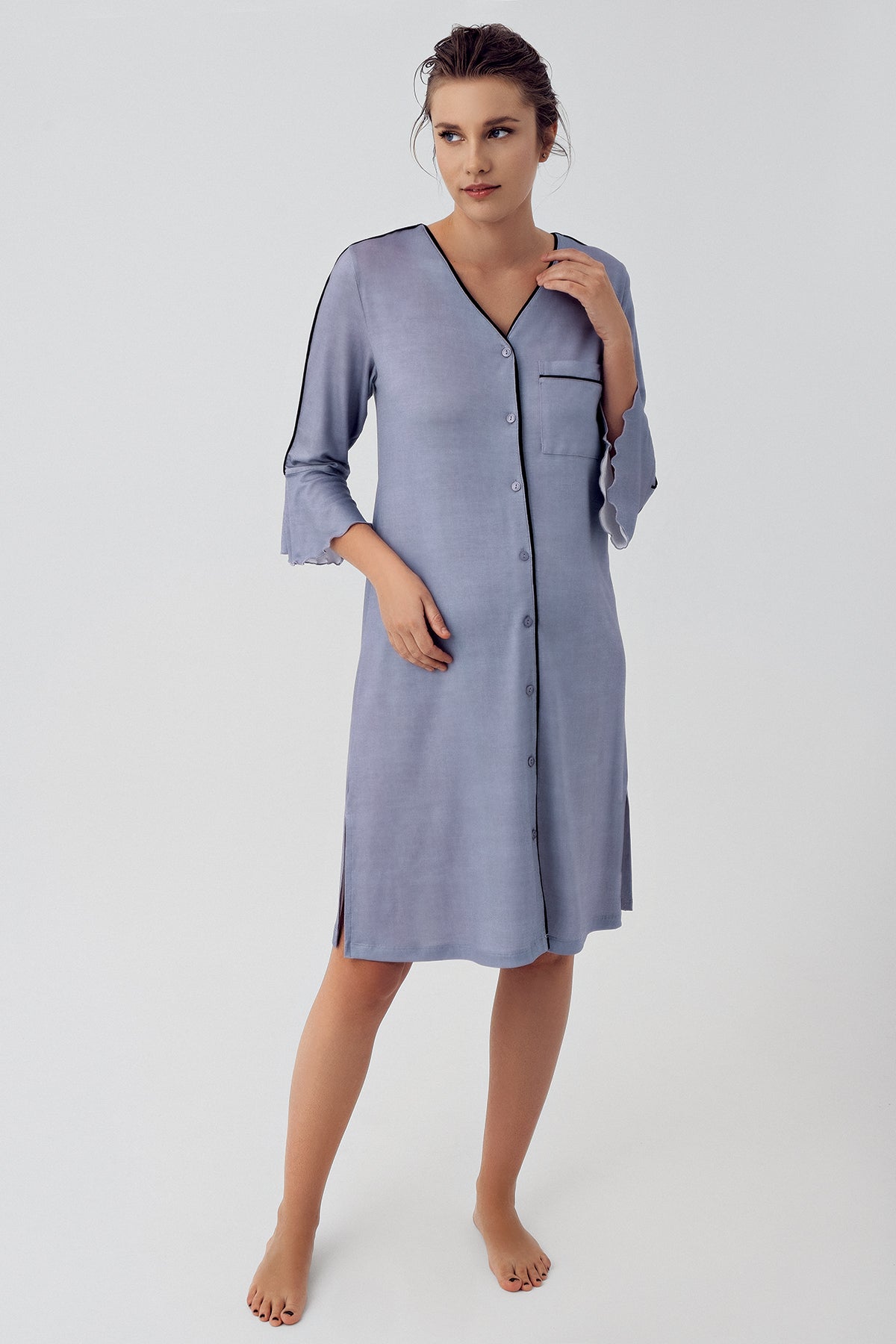 Shopymommy 16107 Strip Maternity & Nursing Nightgown Indigo