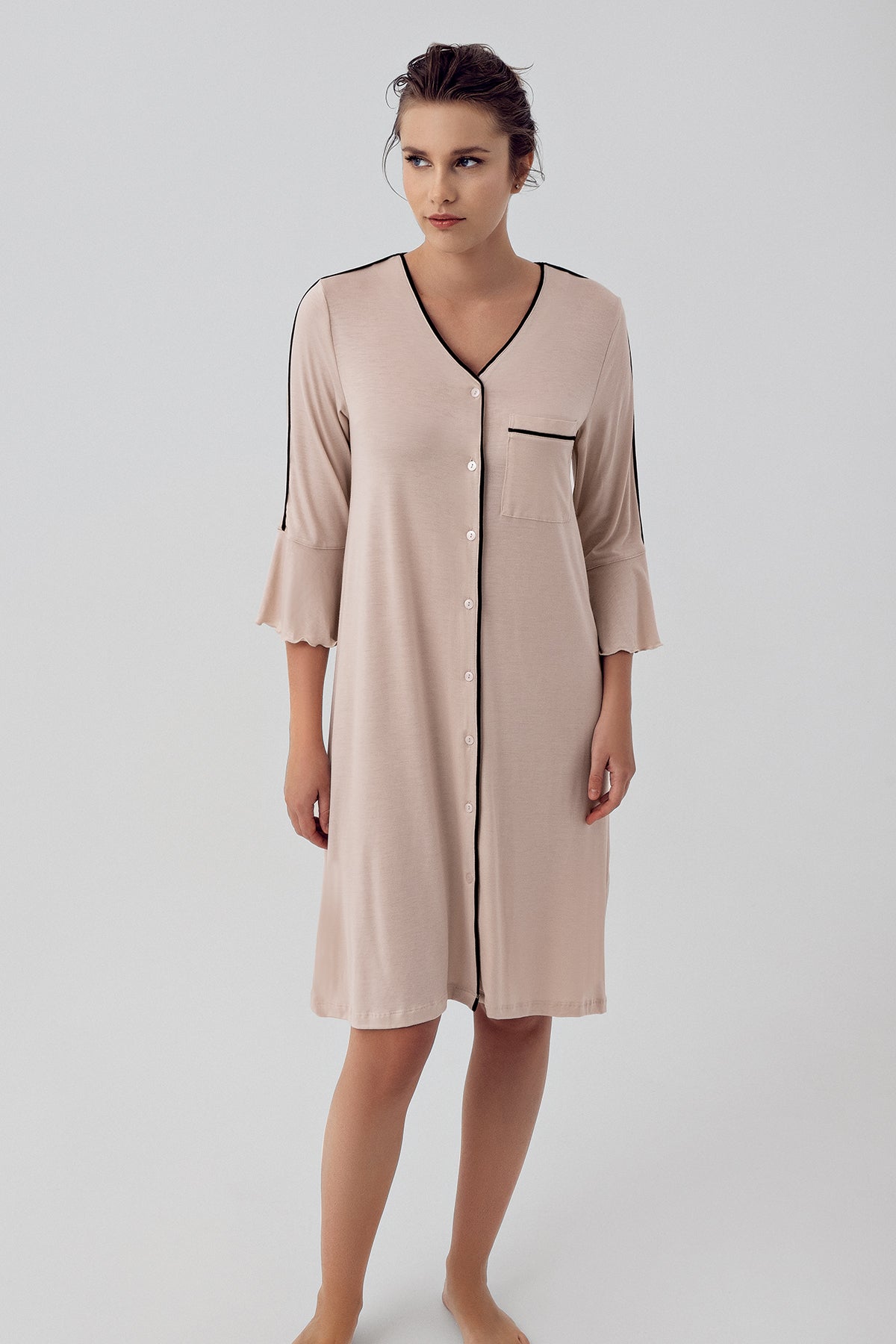 Shopymommy 16107 Strip Maternity & Nursing Nightgown Beige