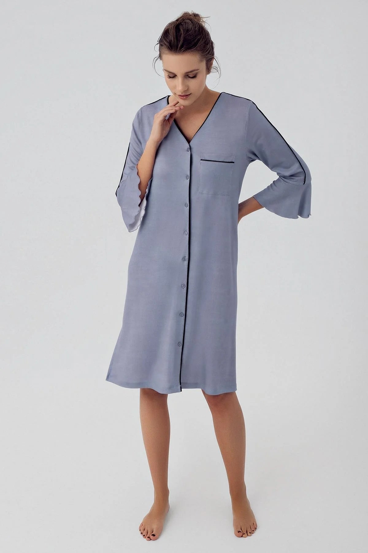 Shopymommy 16107 Strip Maternity & Nursing Nightgown Indigo