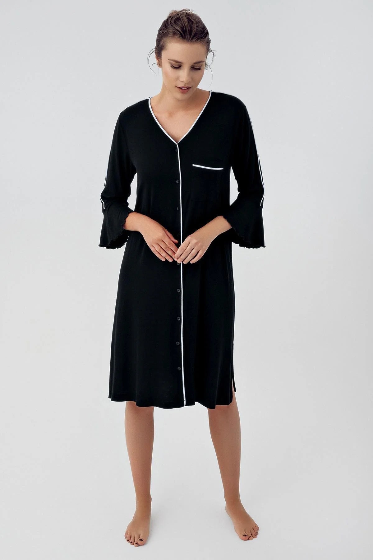 Shopymommy 16107 Strip Maternity & Nursing Nightgown Black