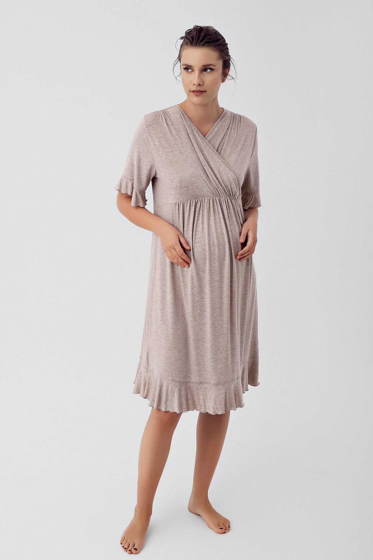 Shopymommy 16109 Double Breasted Maternity & Nursing Nightgown Beige