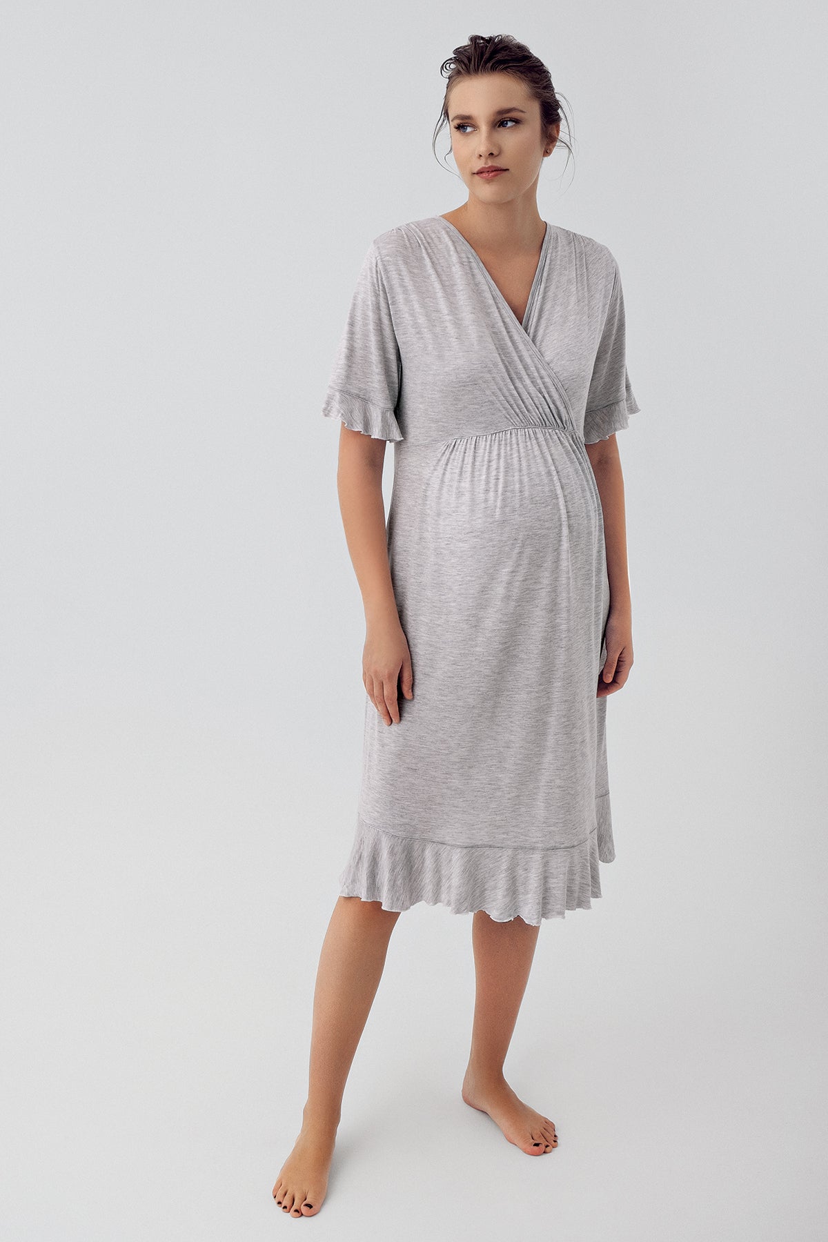 Shopymommy 16109 Double Breasted Maternity & Nursing Nightgown Grey