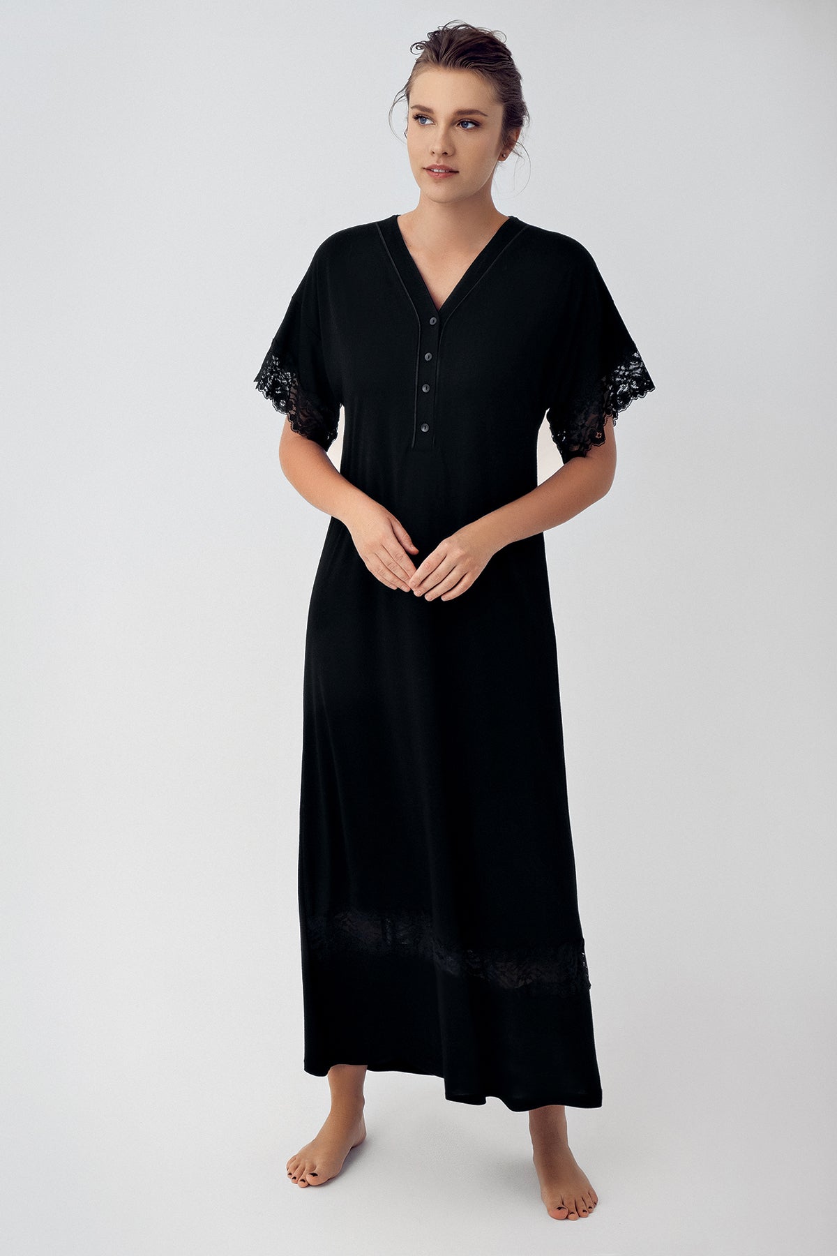 Shopymommy 16111 Lace Sleeve Maternity & Nursing Nightgown Black