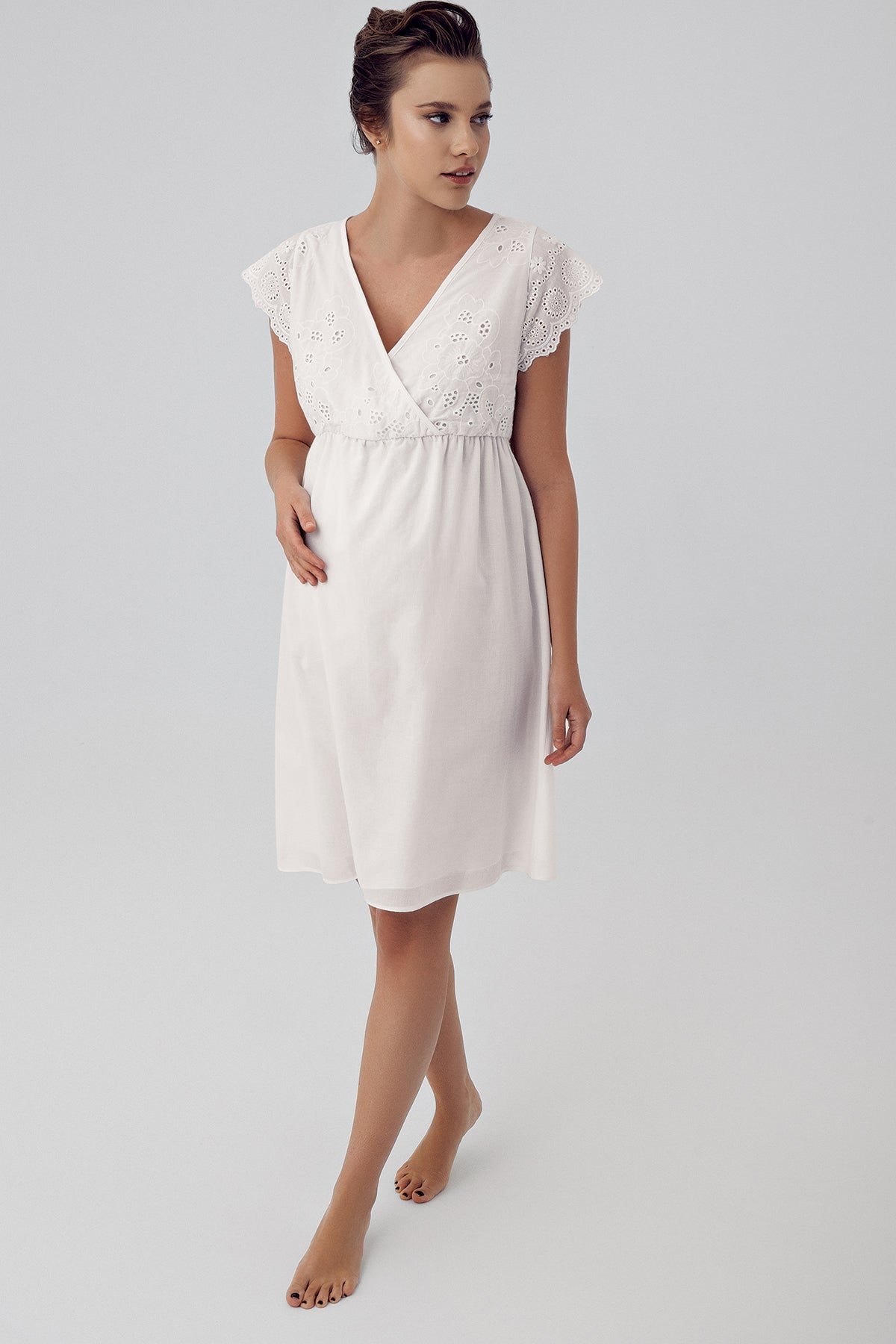 Shopymommy 16413 Double Breasted Maternity & Nursing Nightgown With Woven Robe Ecru