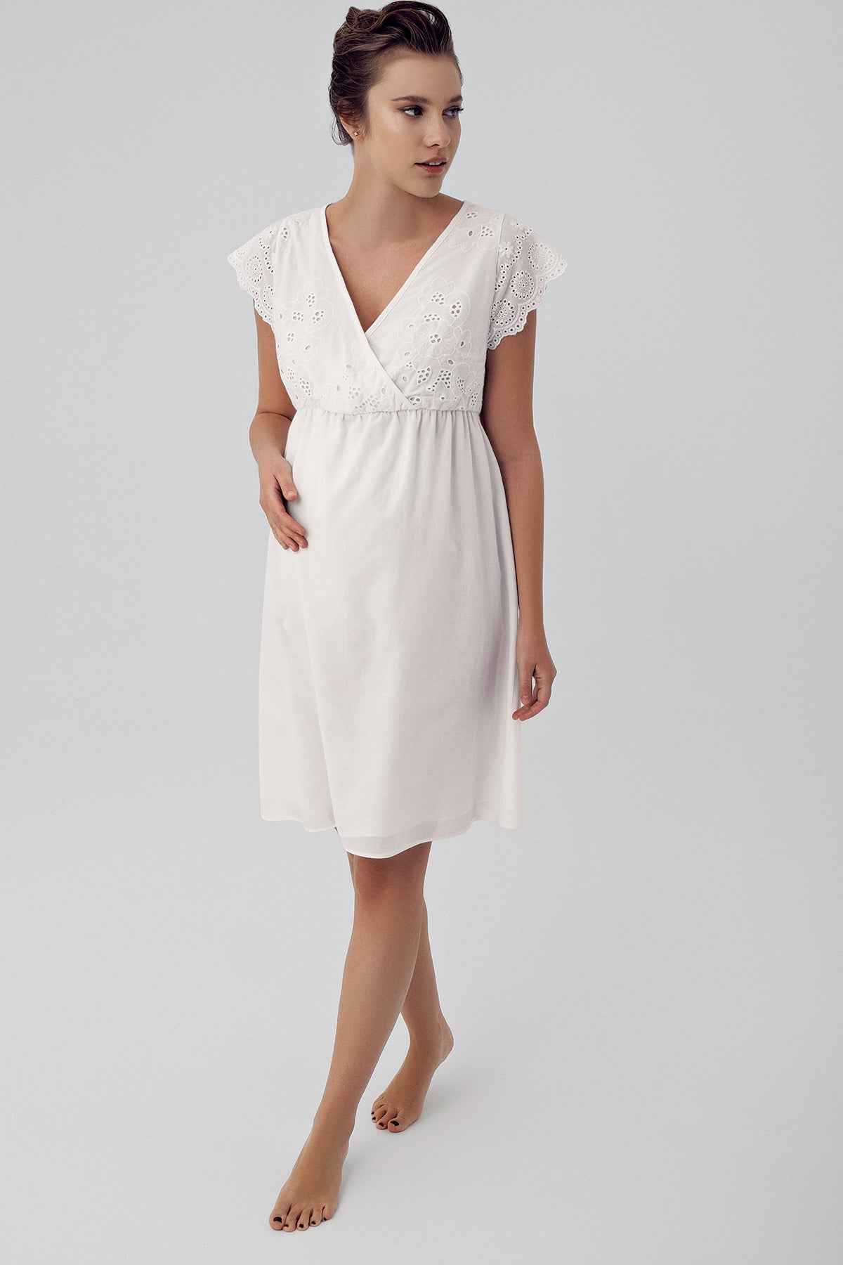 Shopymommy 16113 Woven Double Breasted Maternity & Nursing Nightgown Ecru