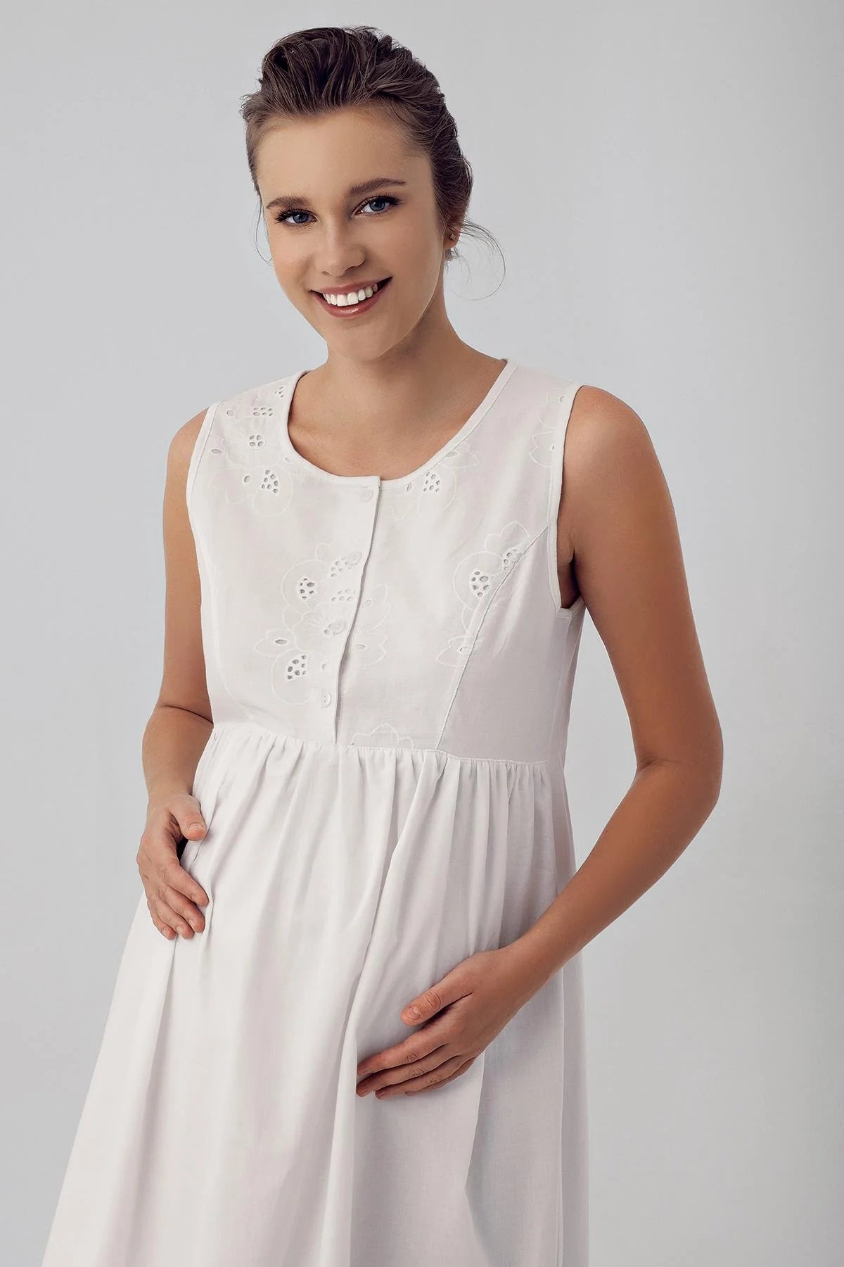 Shopymommy 16114 Embroidered Maternity & Nursing Nightgown Ecru