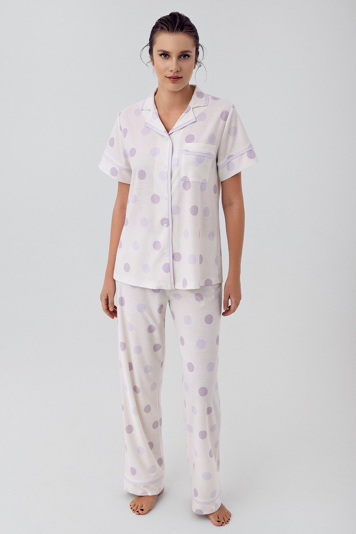 Shopymommy 16310 Polka Dot 3-Pieces Maternity & Nursing Pajamas With Robe Lilac